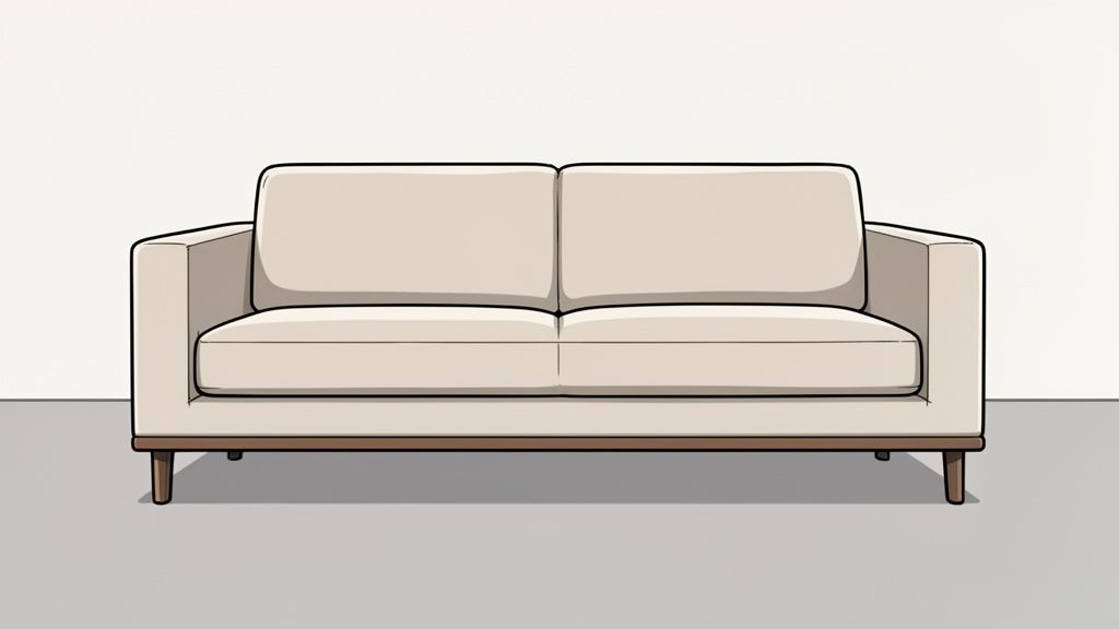 A modern, beige two-seater sofa with simple lines and wooden legs centered against a plain background.