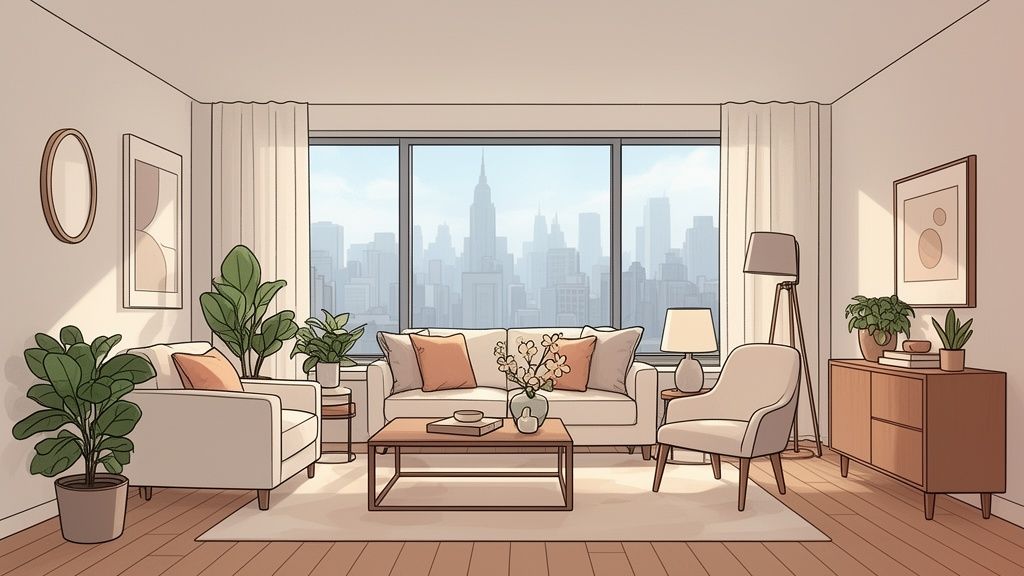A cozy, sunlit living room featuring transitional style furniture, indoor plants, and a scenic city skyline view.