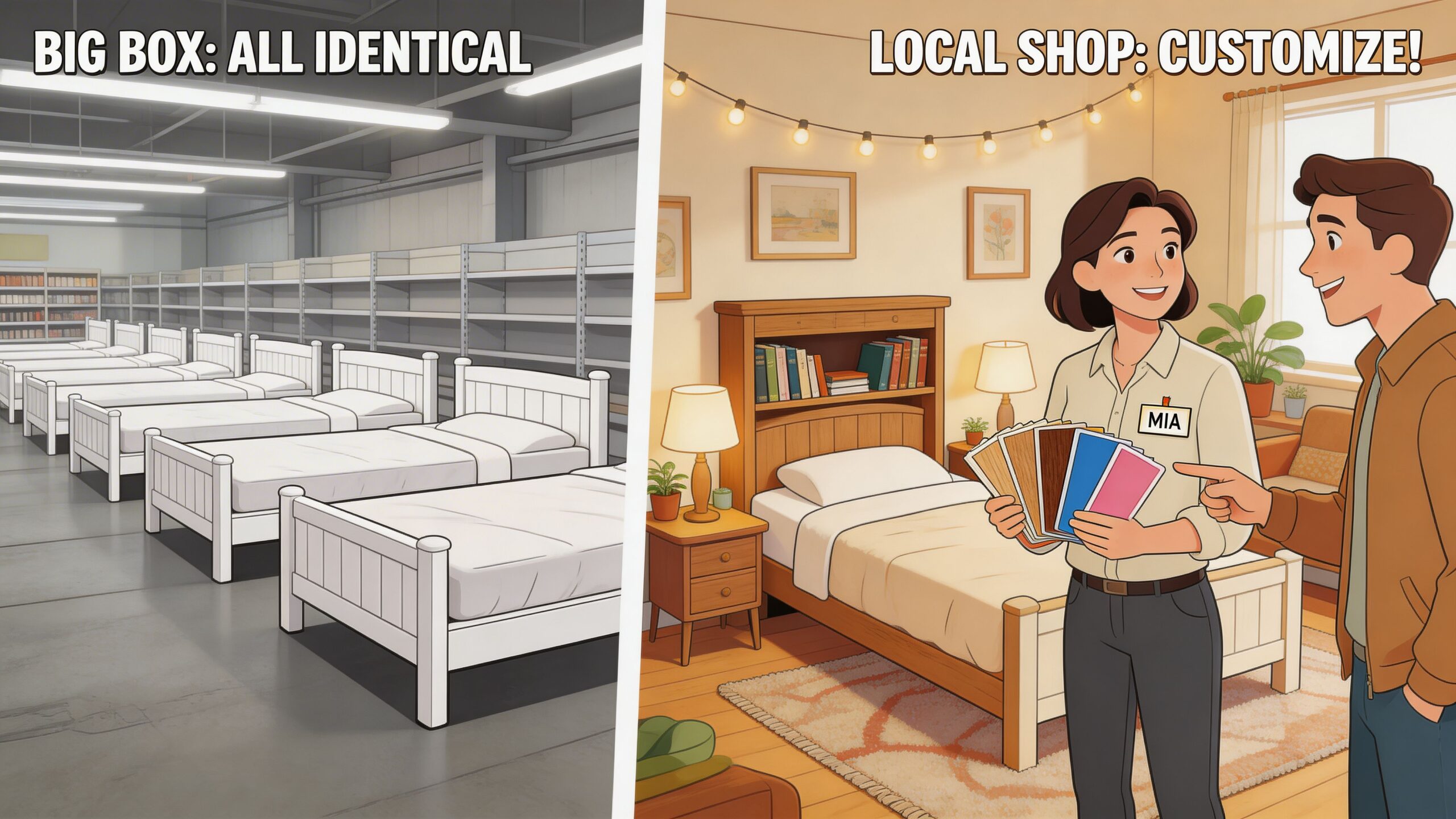 A split image comparing identical white beds in a warehouse to a customizable wooden bookcase bed shop.