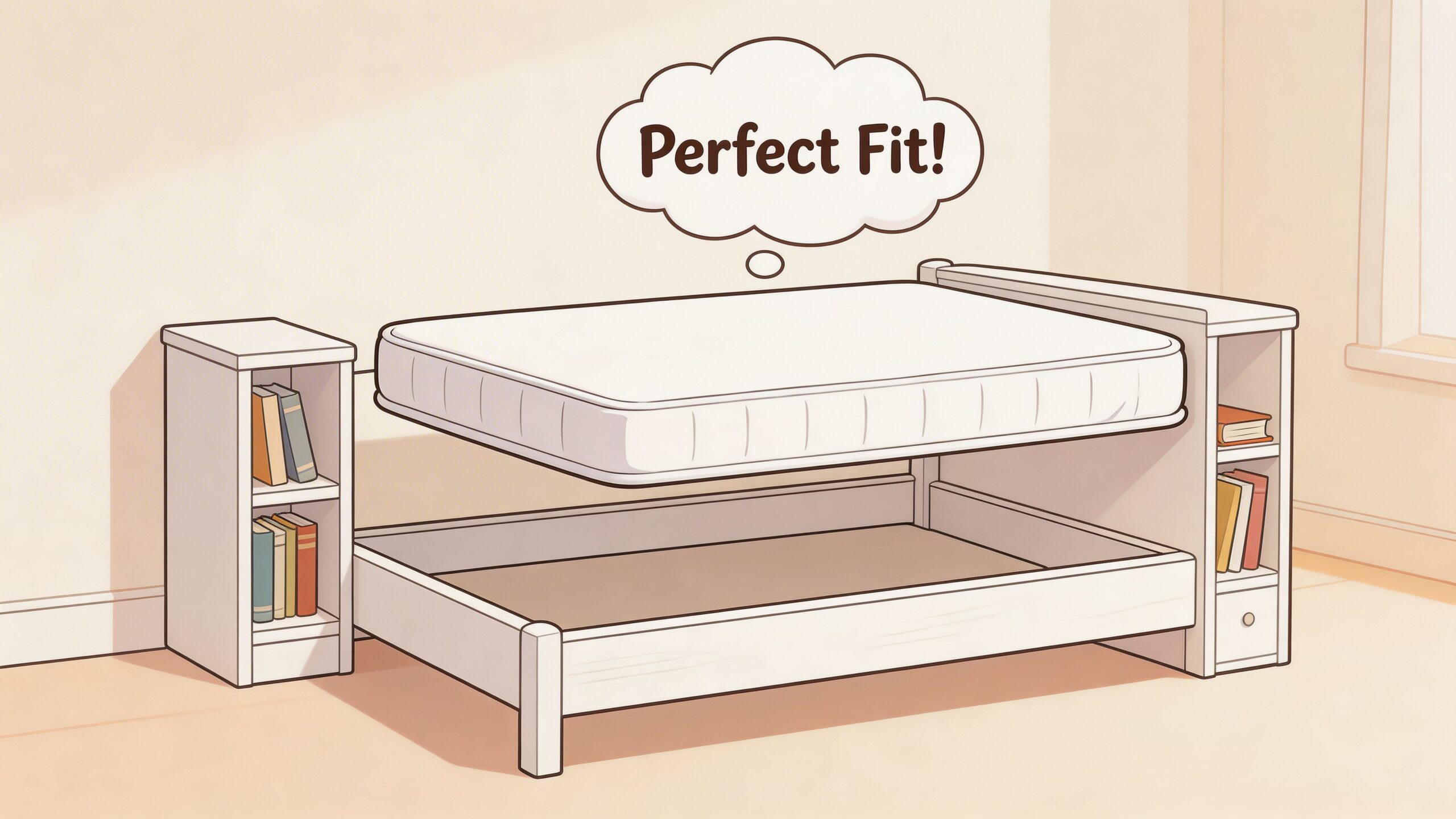 A twin bookcase headboard bed frame with a mattress floating above it, featuring built-in storage shelves.