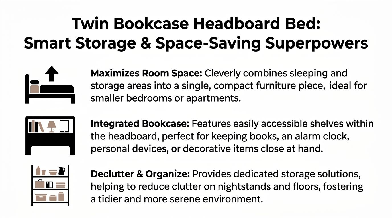 A graphic highlighting the space-saving and organizational benefits of a twin bookcase headboard bed.