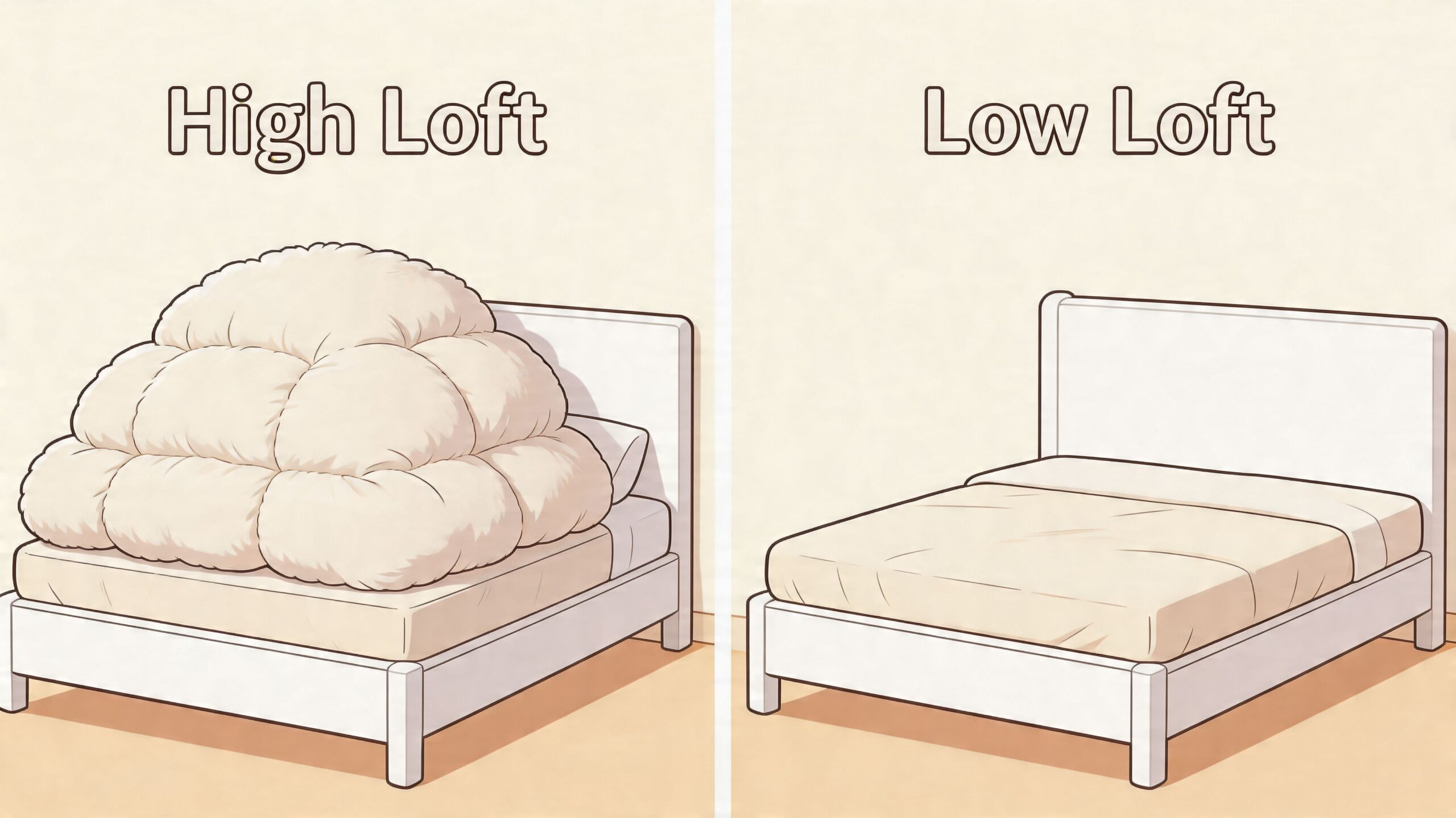 A comparison illustration showing a bed with a thick, puffy high loft comforter versus a thin, low loft comforter.