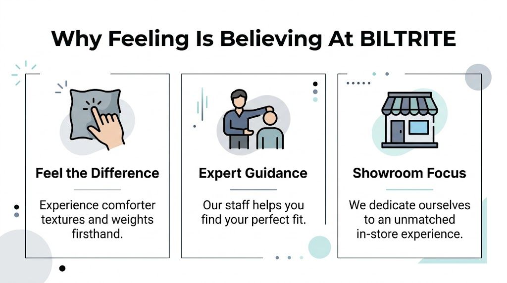An infographic showing the benefits of visiting the BILTRITE showroom to experience comforter textures and expert guidance.