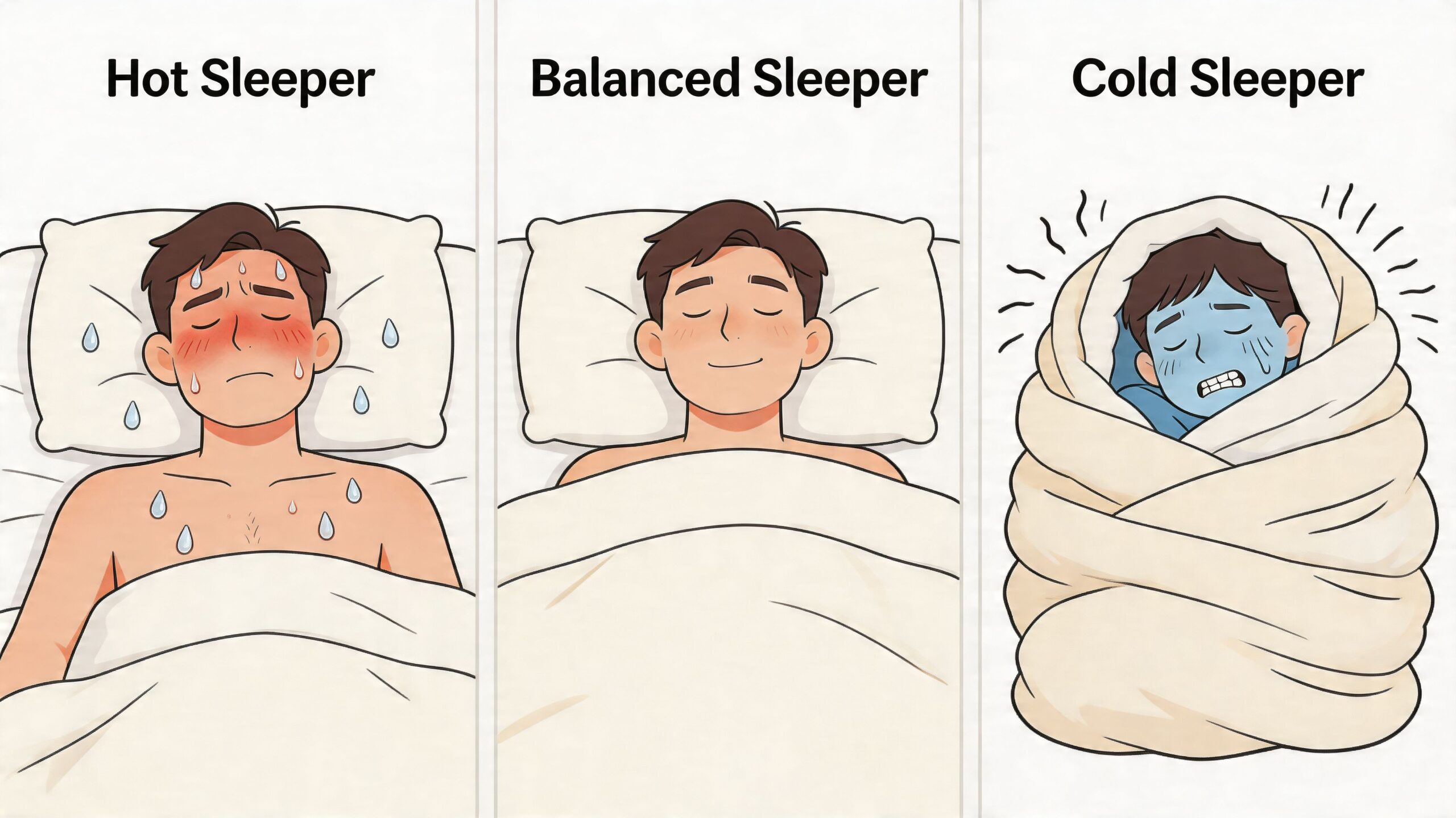 An illustration comparing three types of sleepers including a hot sleeper, a balanced sleeper, and a cold sleeper.