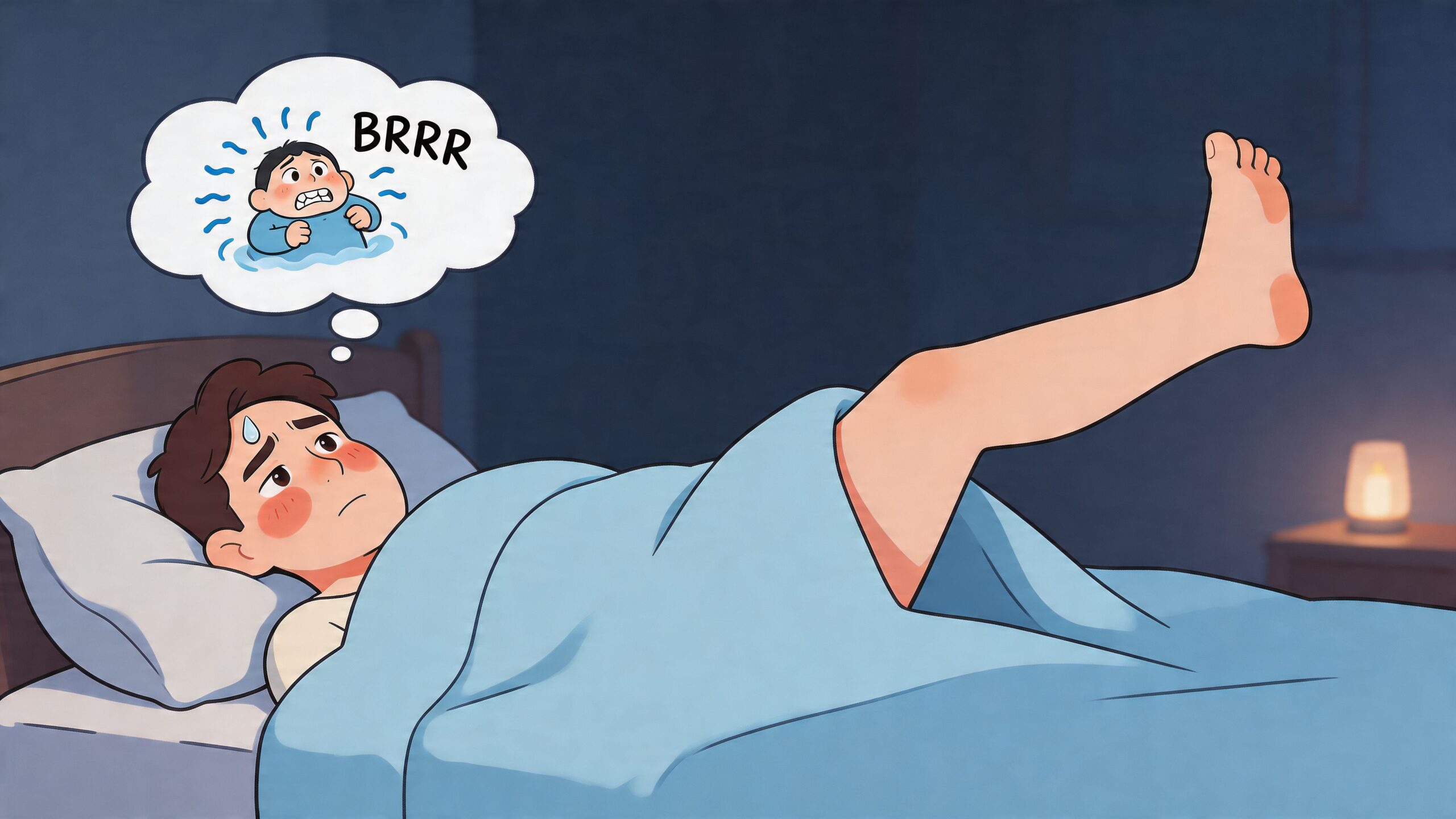 A person lying in bed, feeling too hot and sticking one foot out from under the blue blanket.