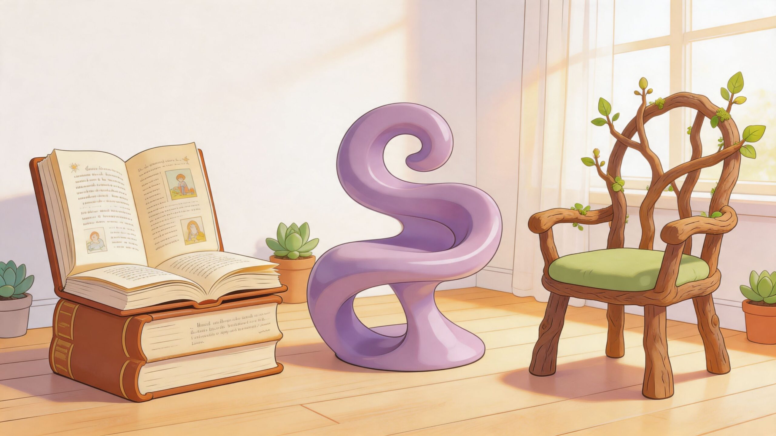 A whimsical room featuring a violet abstract chair and a decorative wooden branch chair with a green cushion.