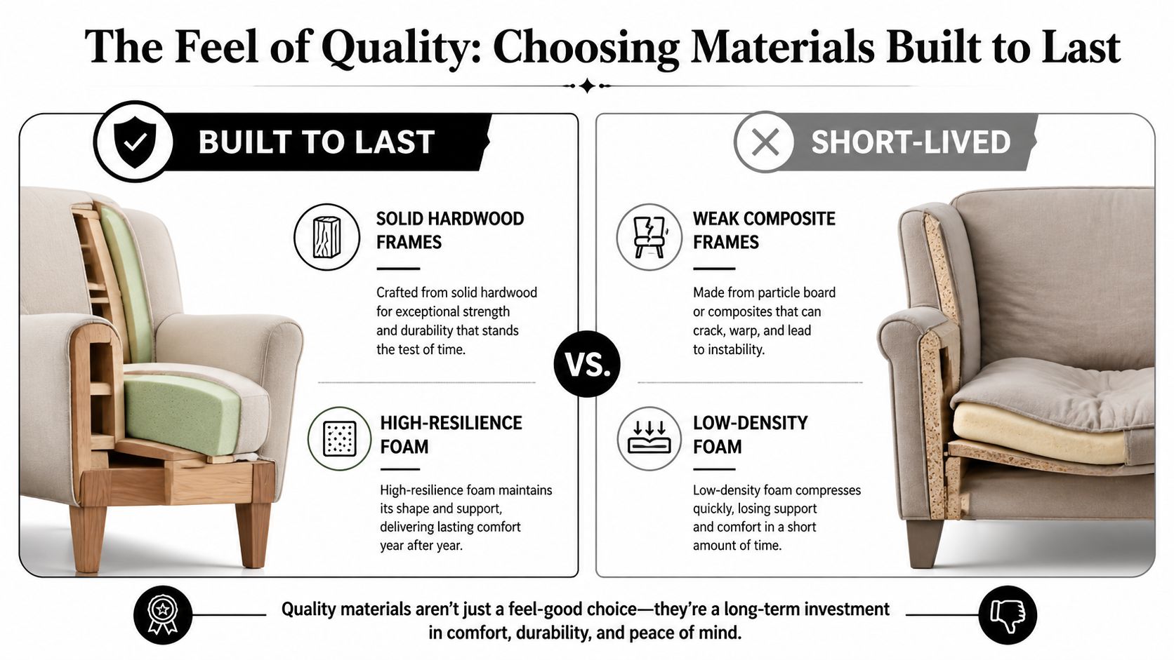 A comparison infographic showing the difference between durable hardwood chair frames and weak particle board materials.