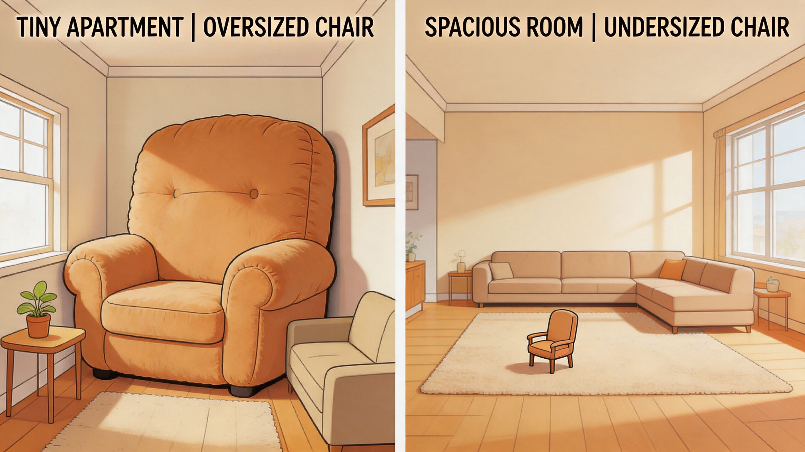 A split image comparison showing the impact of furniture scale in tiny versus spacious living rooms.