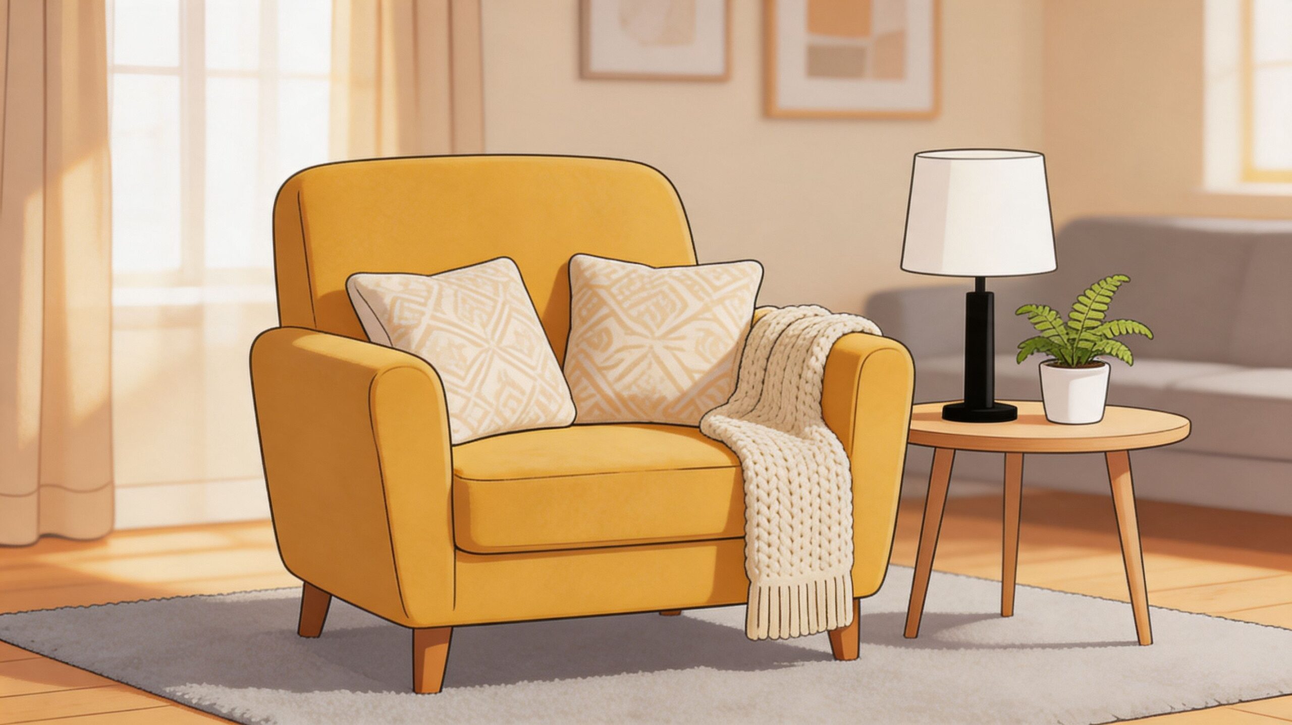 A cozy yellow accent chair with patterned pillows and a knit throw in a bright living room.