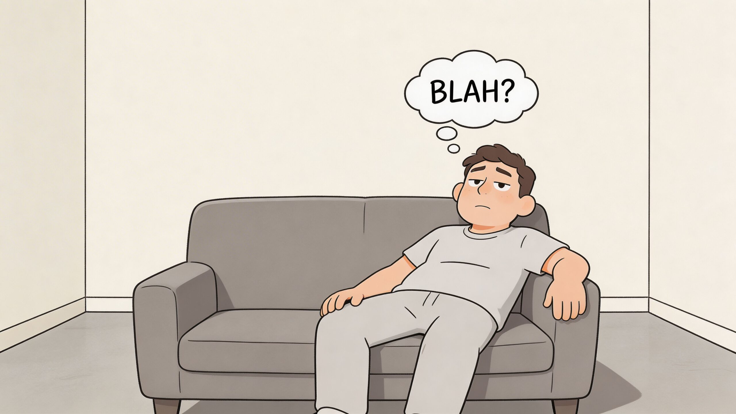 A bored man sitting on a plain grey sofa thinking about the word blah in a cartoon style.
