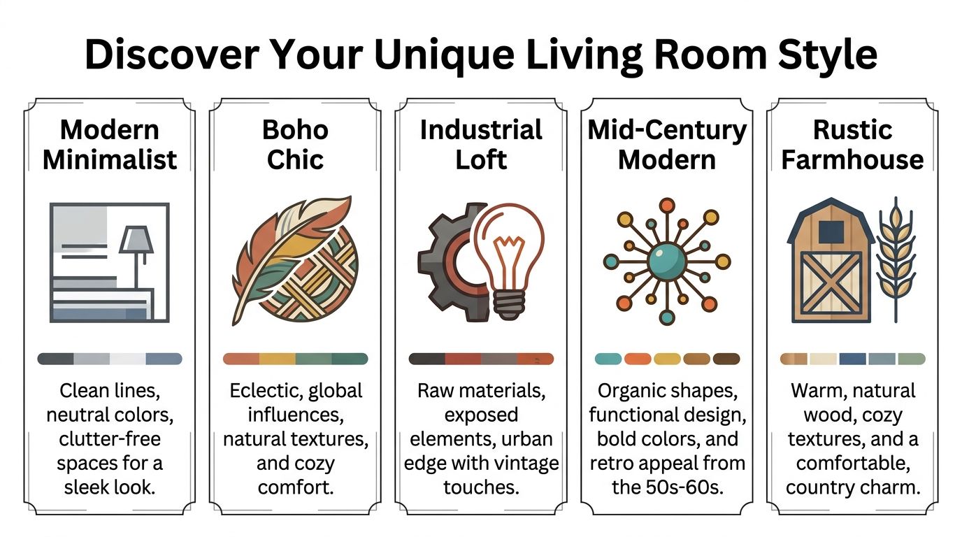An infographic displaying five different living room interior design styles with descriptive icons and text labels.