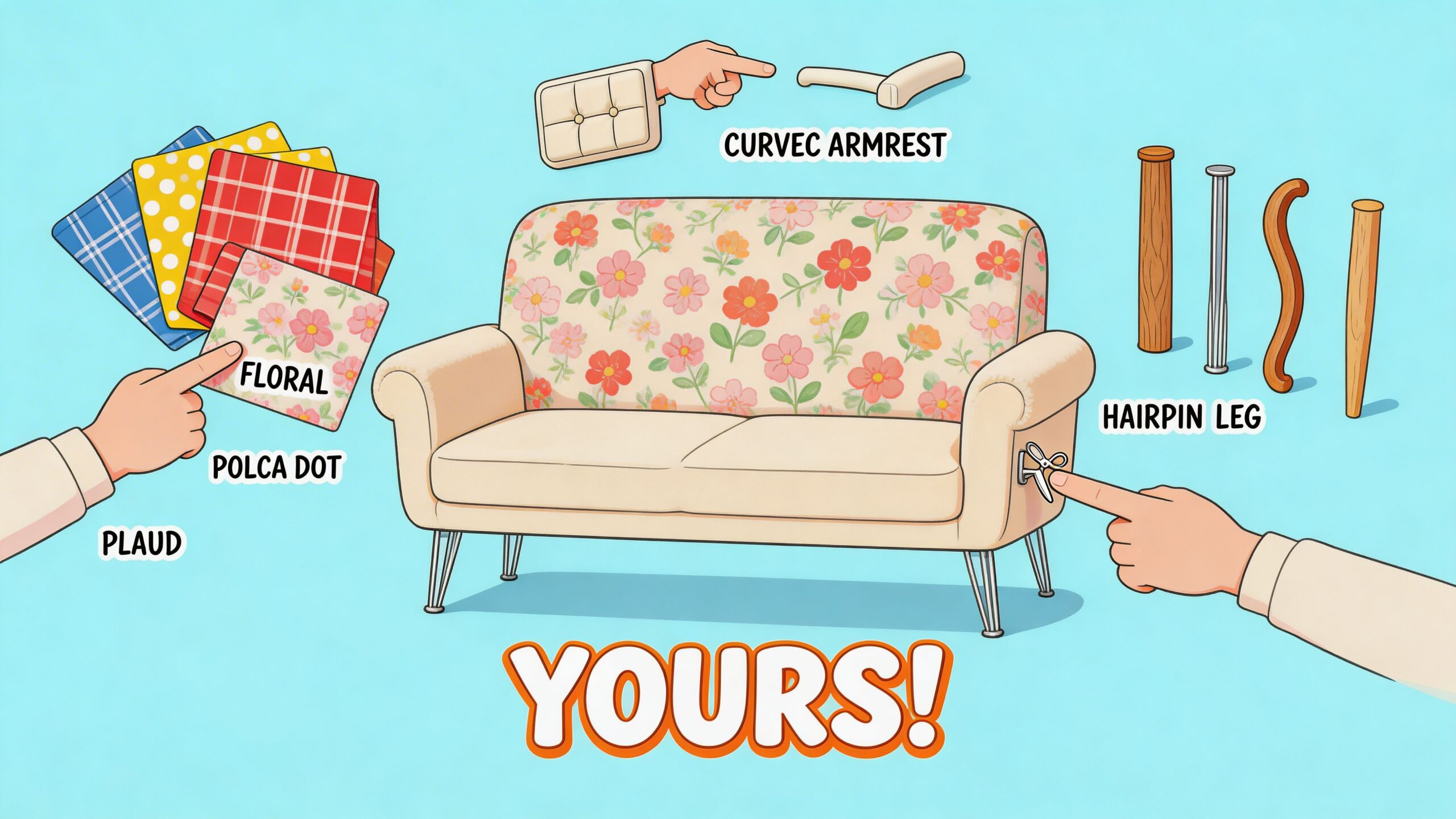 An interactive digital design interface allowing users to customize a sofa with different fabric patterns and leg styles.