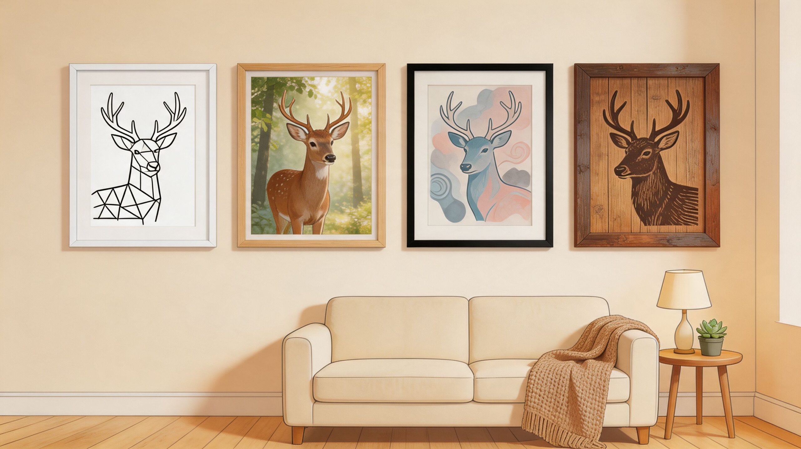 A modern living room with a beige sofa and four different deer-themed framed art prints on wall.