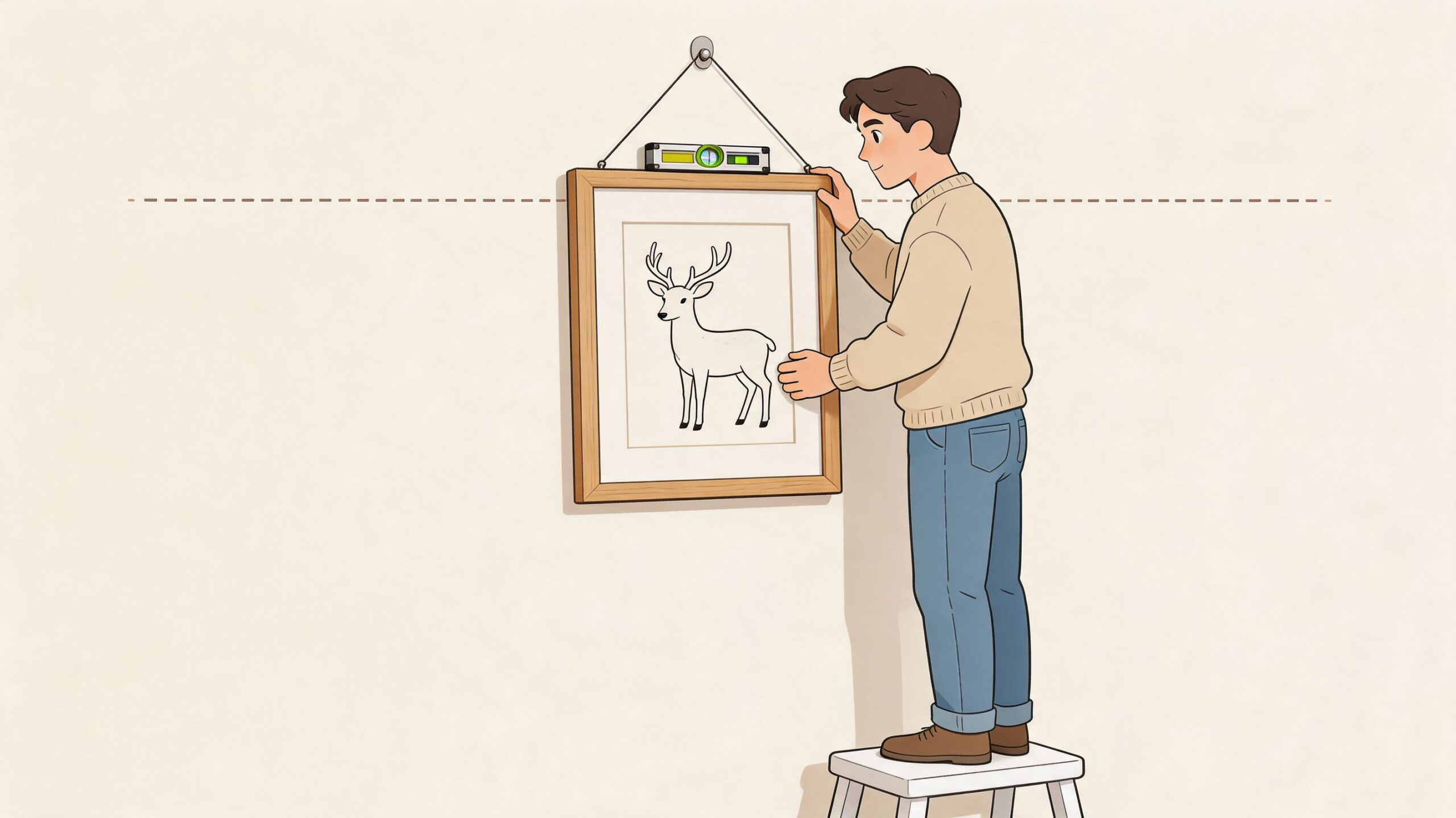 A young man standing on a small stool hanging a framed deer wall art piece.