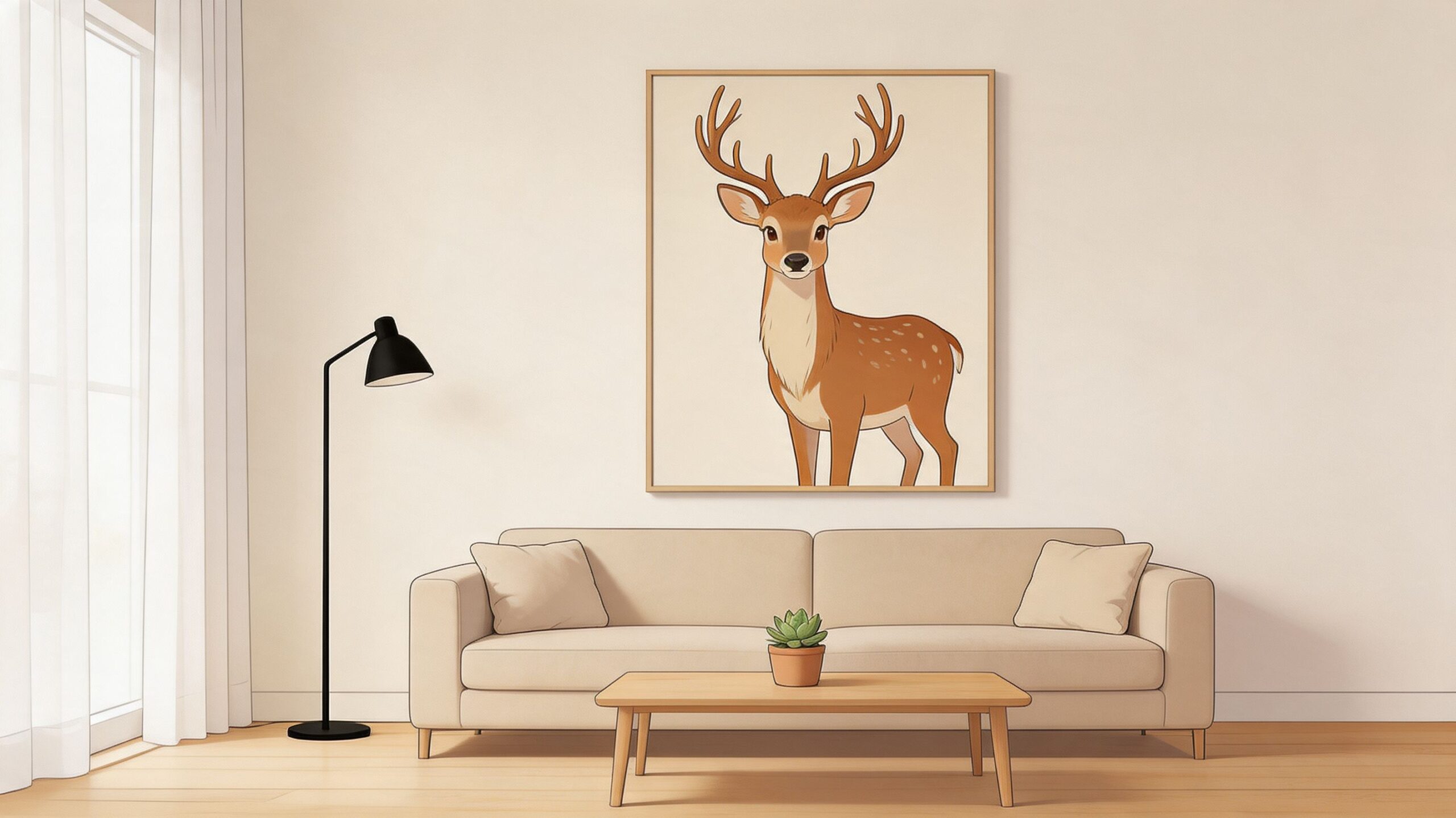 A modern living room featuring a cozy sofa, a wooden coffee table, and large deer wall art.