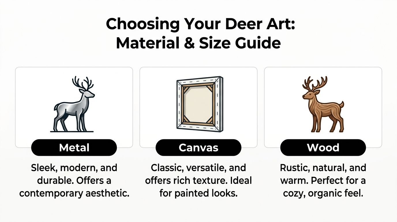 A guide illustrating material options for deer wall art, featuring metal, canvas, and wood styles.