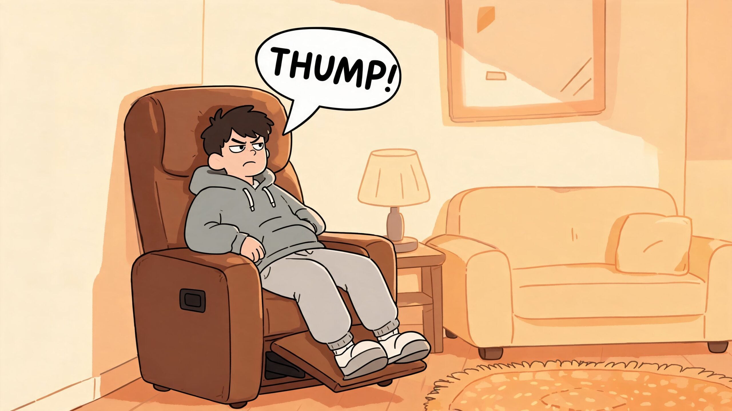 An illustration of an annoyed person sitting in a leather recliner with a thumping sound bubble.
