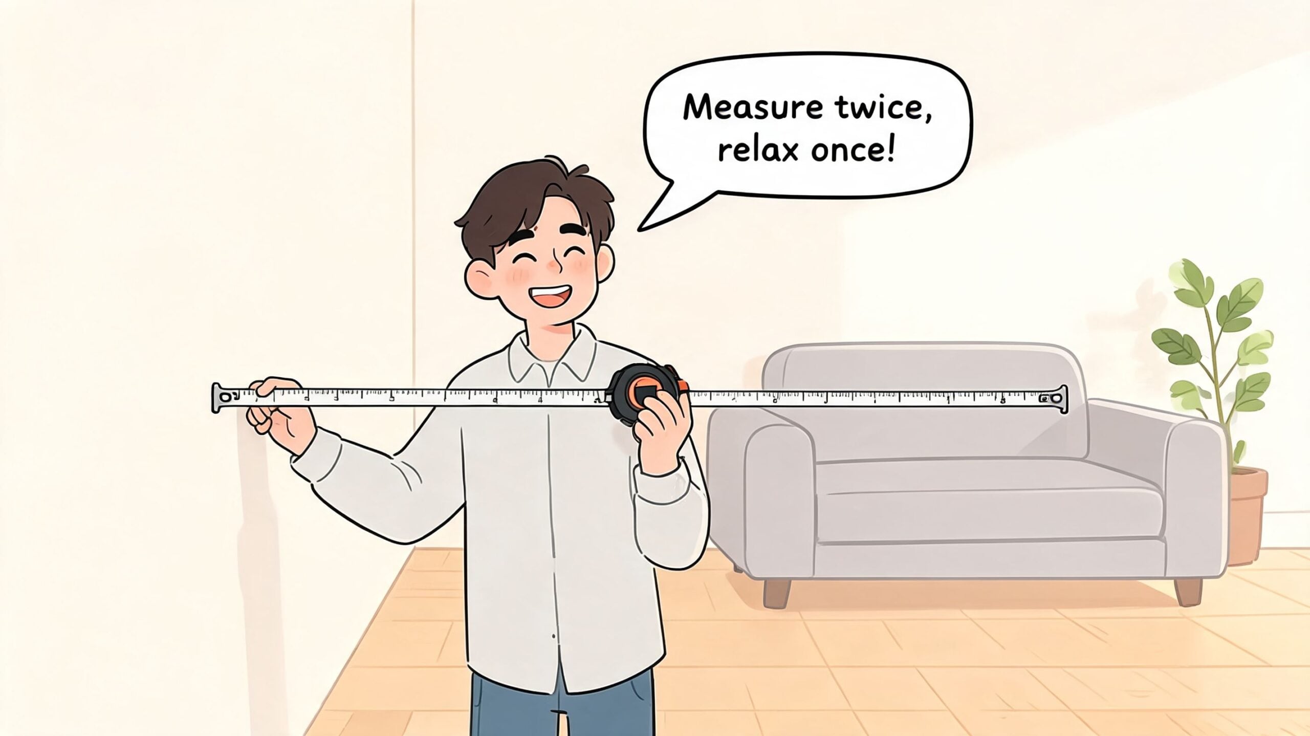 A happy man holding a long measuring tape in front of a sofa in a living room.