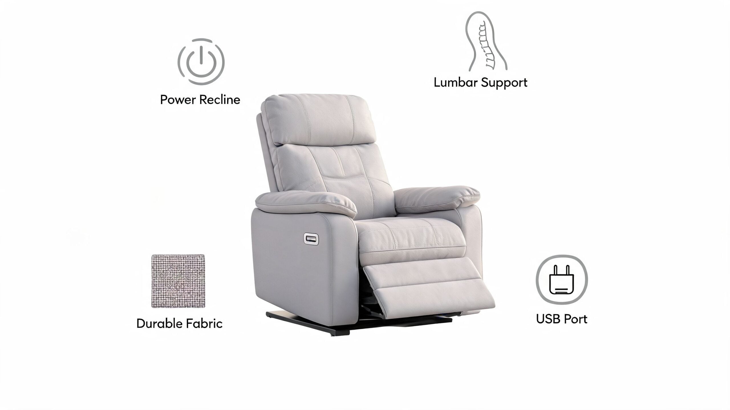 A modern light grey power recliner chair featuring lumbar support, durable fabric upholstery, and a built-in USB port.