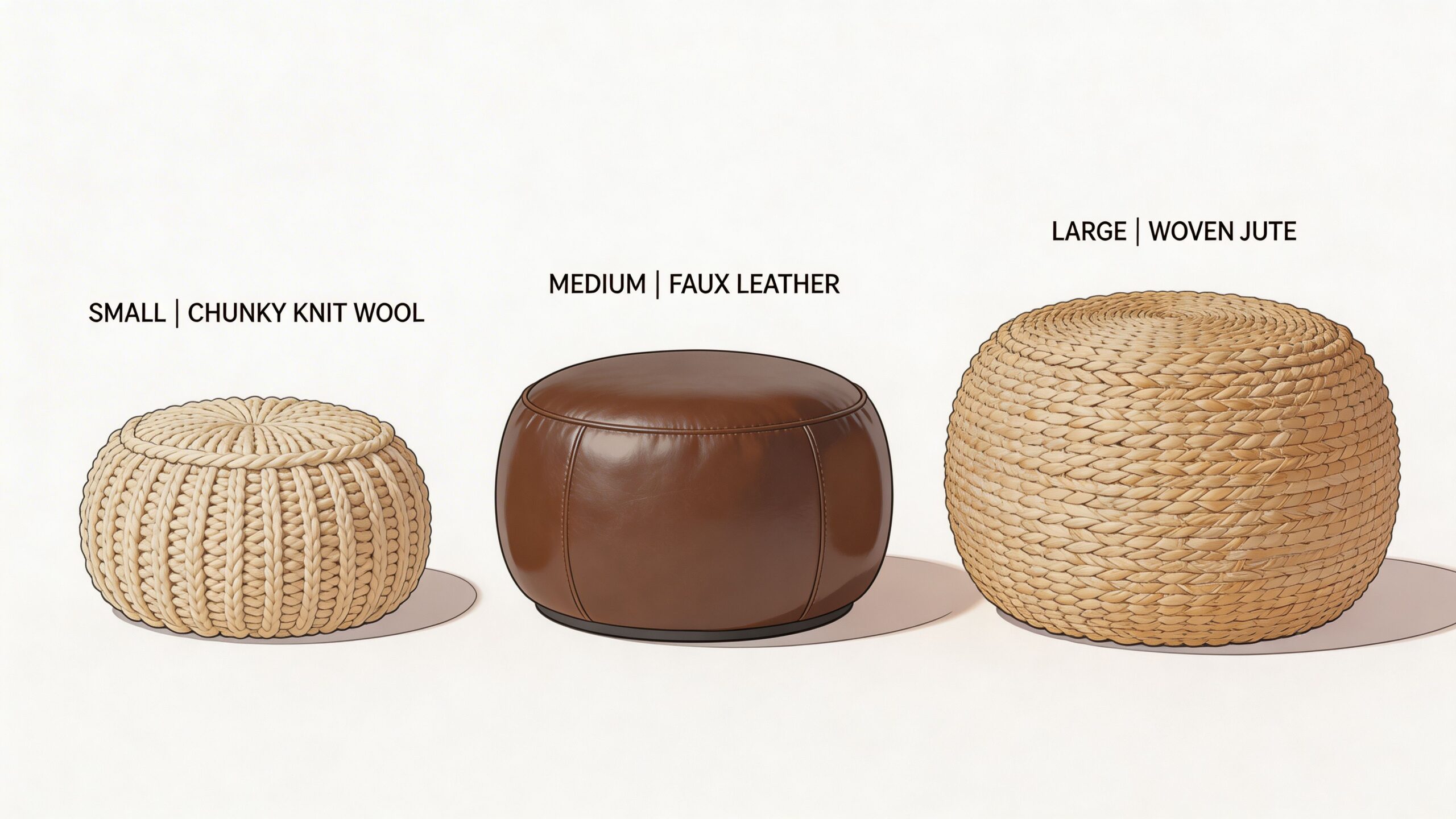 Three circular pouf chairs displayed in small, medium, and large sizes with different textures on a white background.