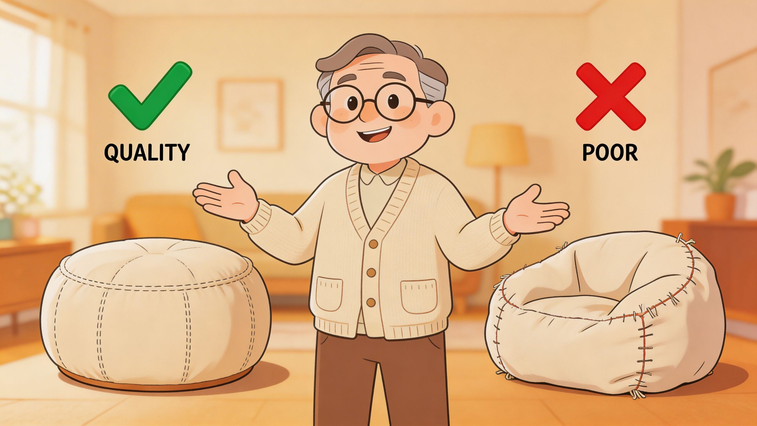 A cartoon grandfather character comparing a high quality round pouf and a poorly made bean bag chair.