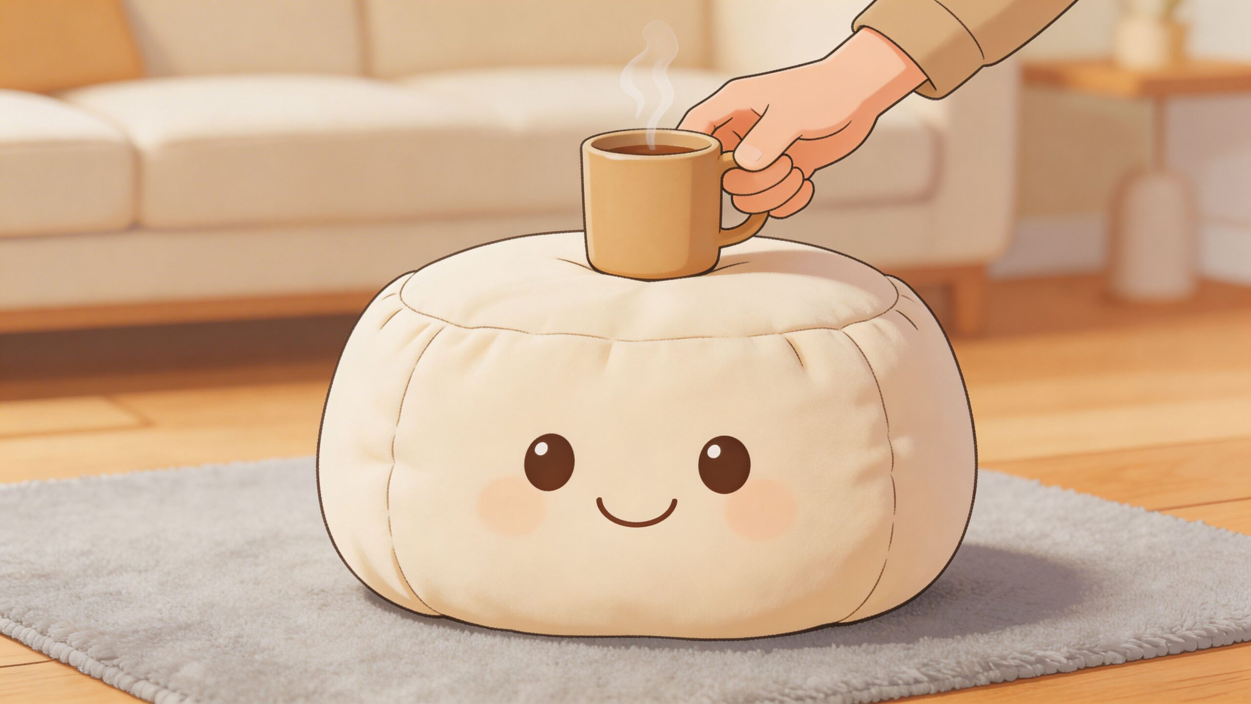 A hand places a warm coffee mug on a cute, smiling beige pouf ottoman in a living room.