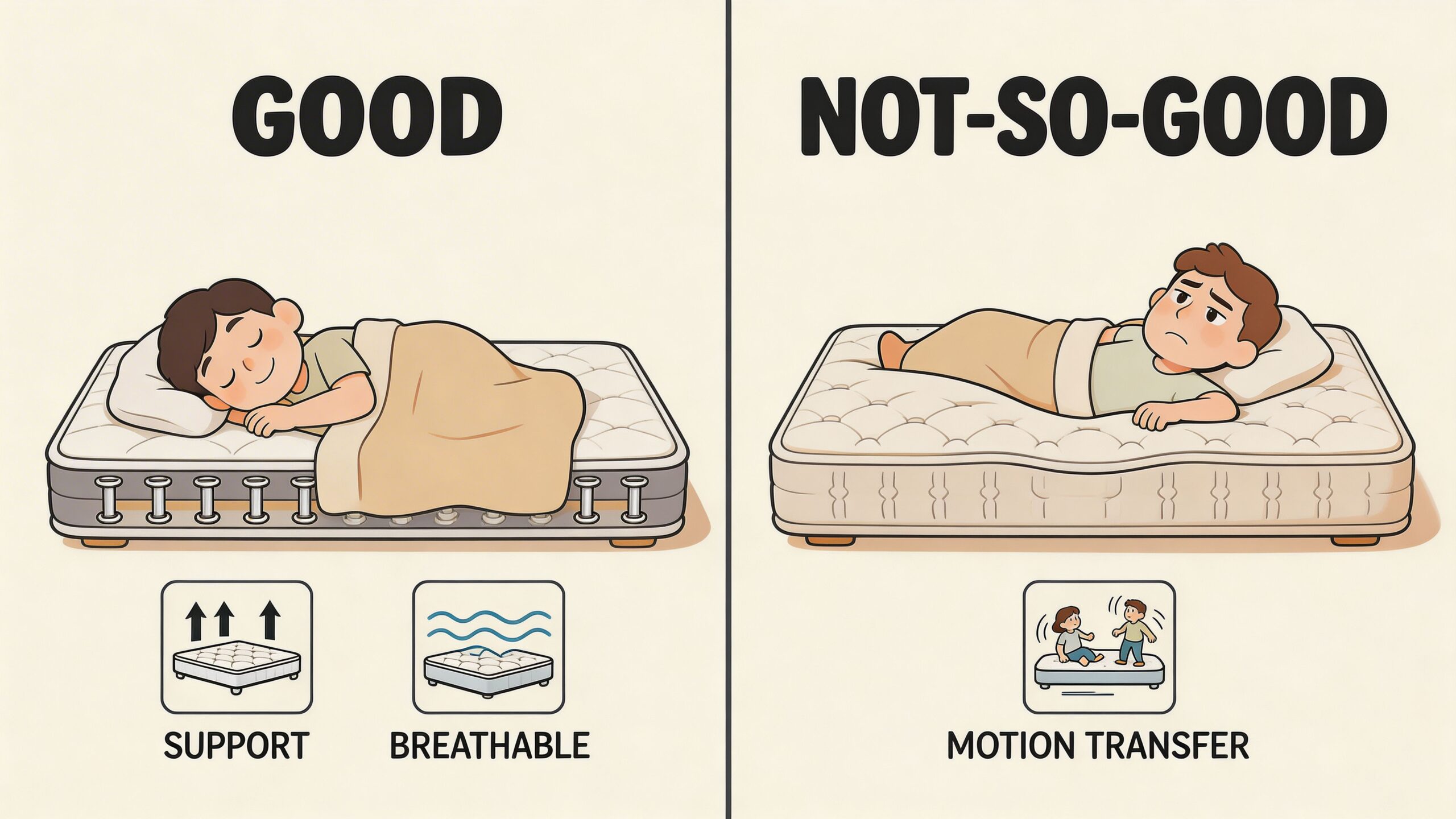 A comparative diagram illustrating the pros of a quality mattress versus the cons of poor mattress quality.