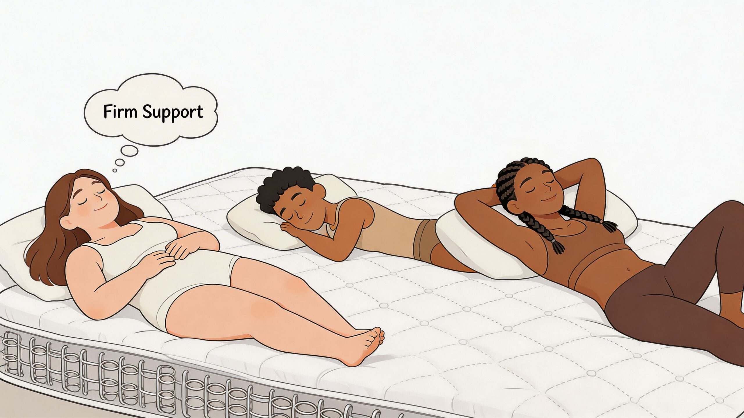 Three people relaxing and sleeping comfortably on a mattress with visible internal springs illustration.
