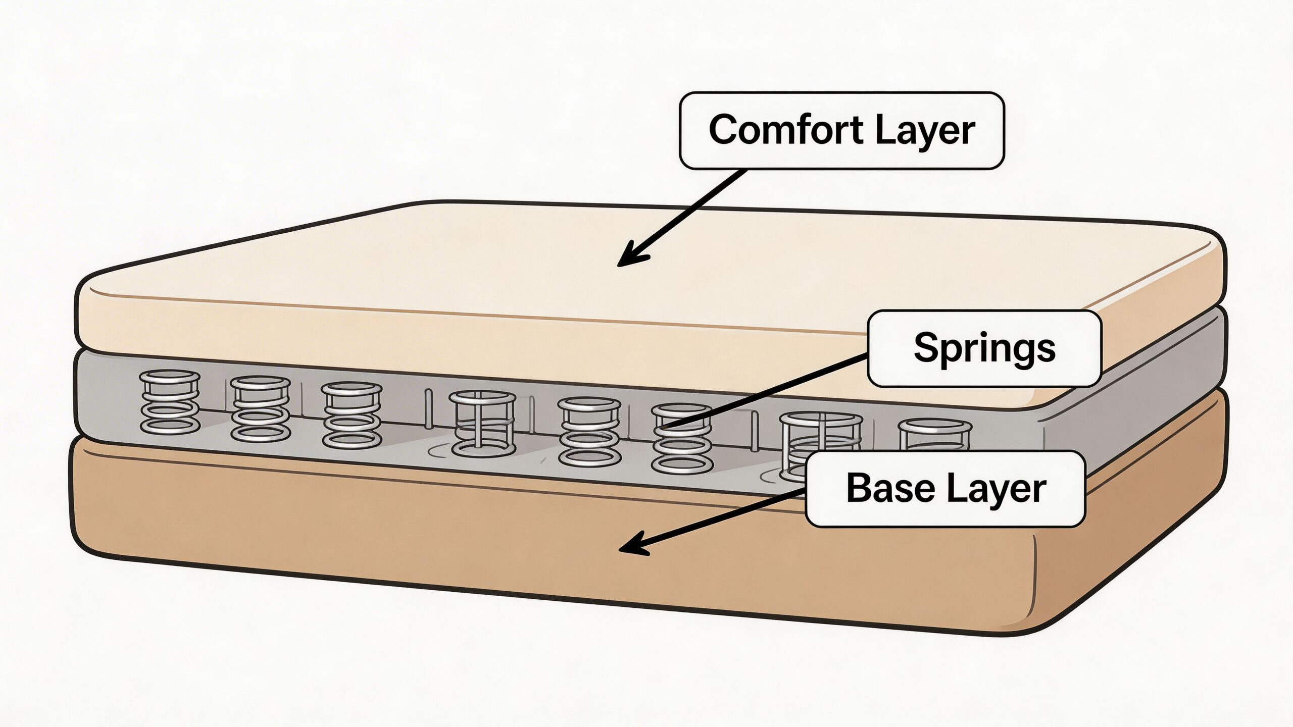 A diagram of an innerspring mattress showing the top comfort layer, middle springs, and bottom base layer.