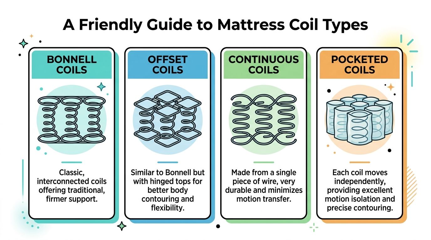 An infographic titled A Friendly Guide to Mattress Coil Types showcasing Bonnell, Offset, Continuous, and Pocketed coil designs.
