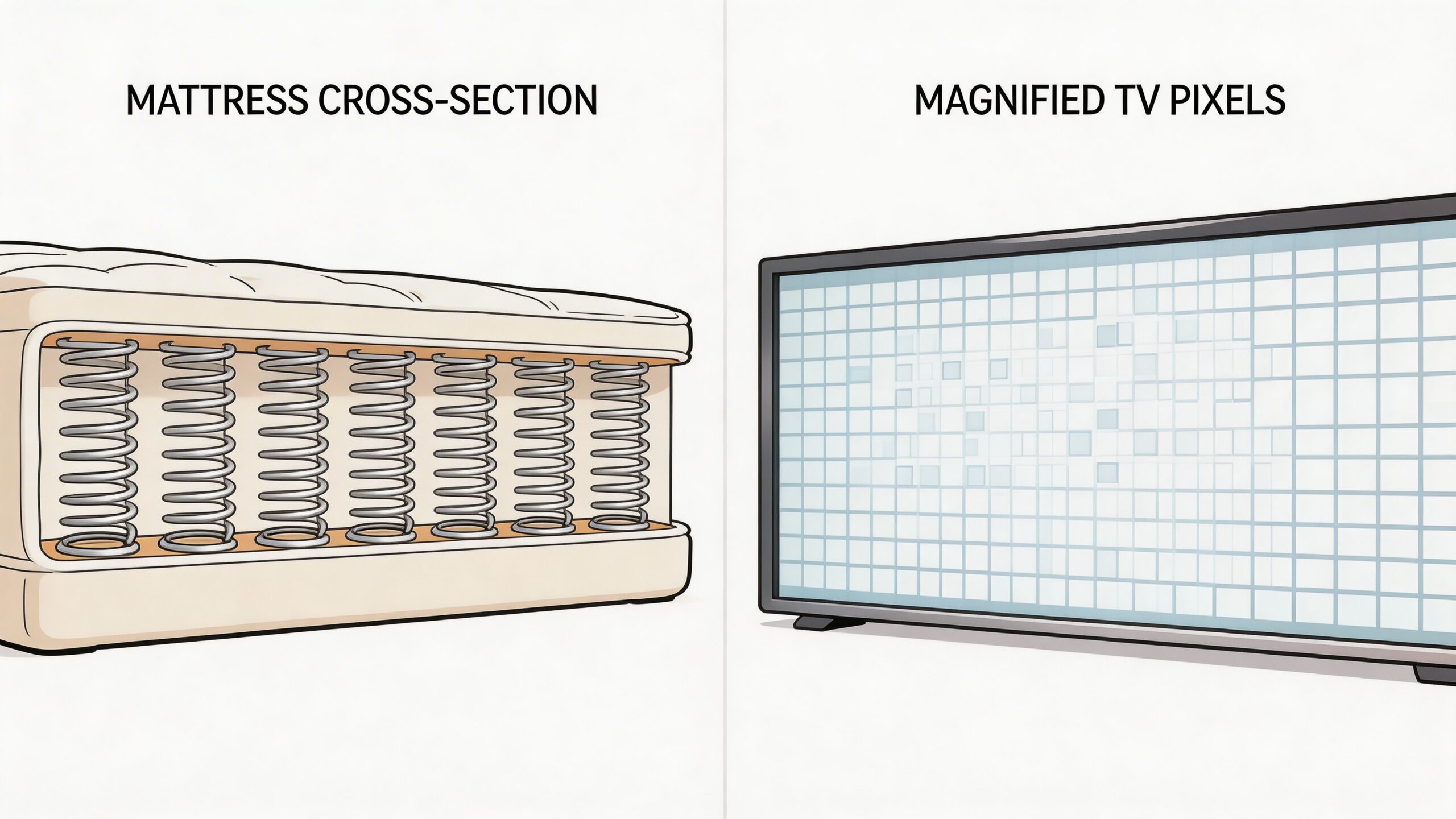 A side-by-side illustration comparing a mattress cross-section showing coil springs and a magnified view of TV pixels.