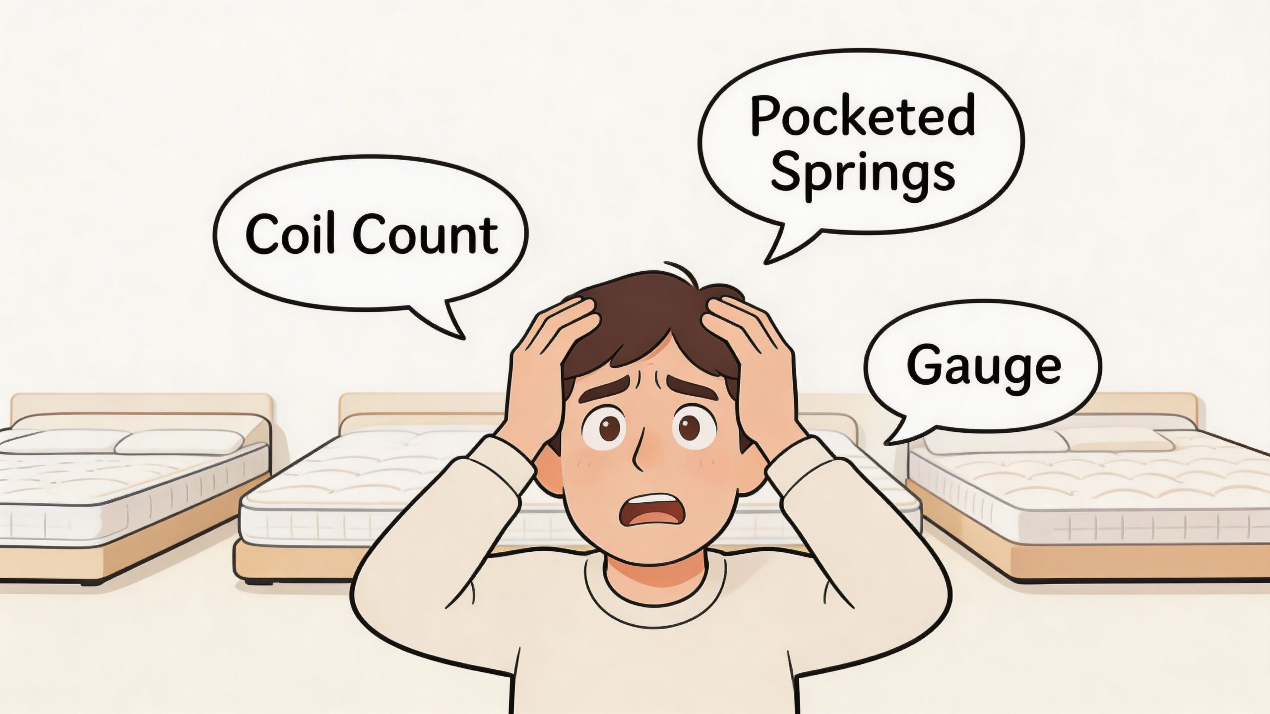 A confused person surrounded by mattress options with speech bubbles showing coil count, pocketed springs, and gauge.
