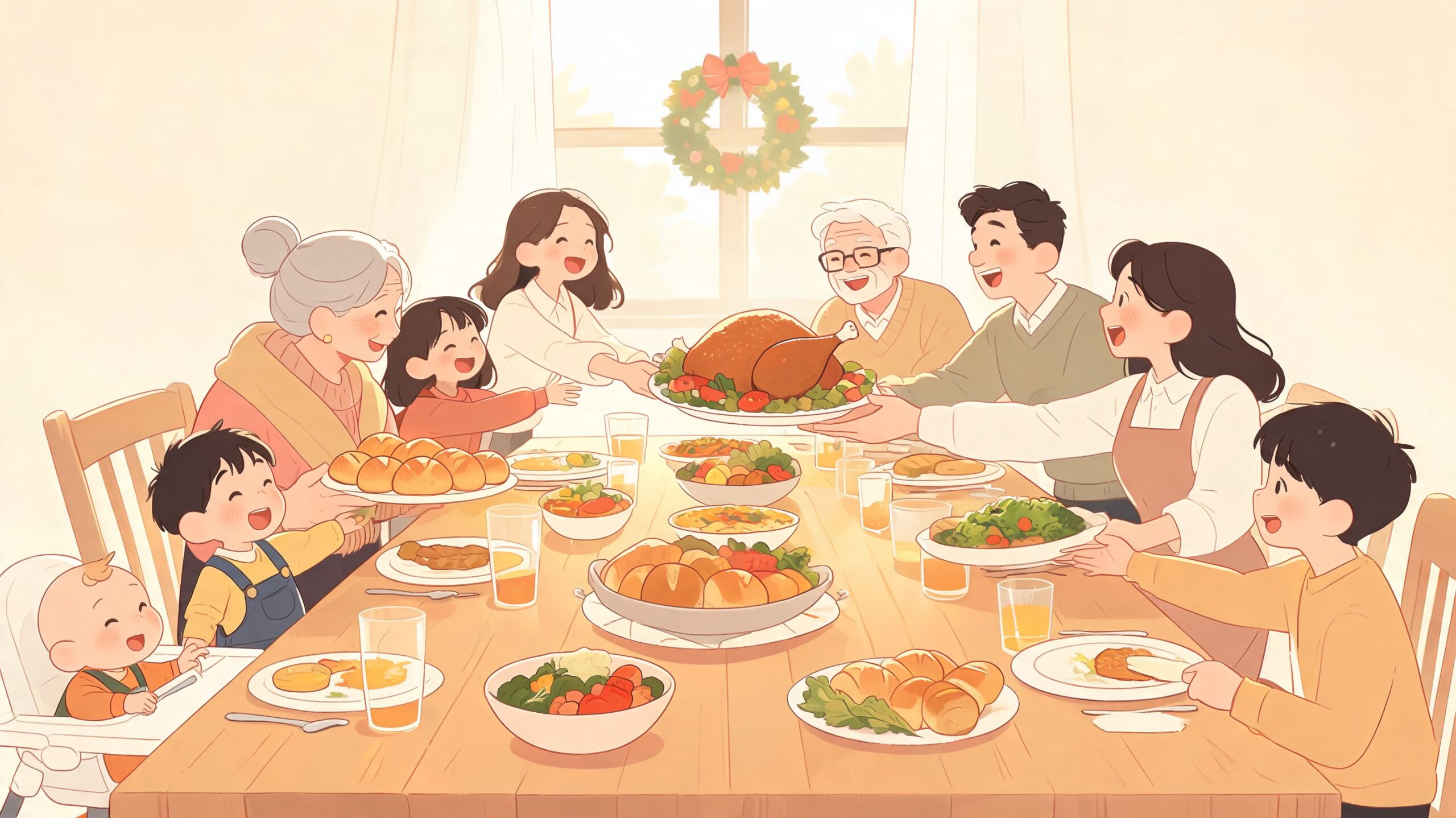 A happy multi-generational family sitting together around a large wooden table enjoying a festive holiday feast.