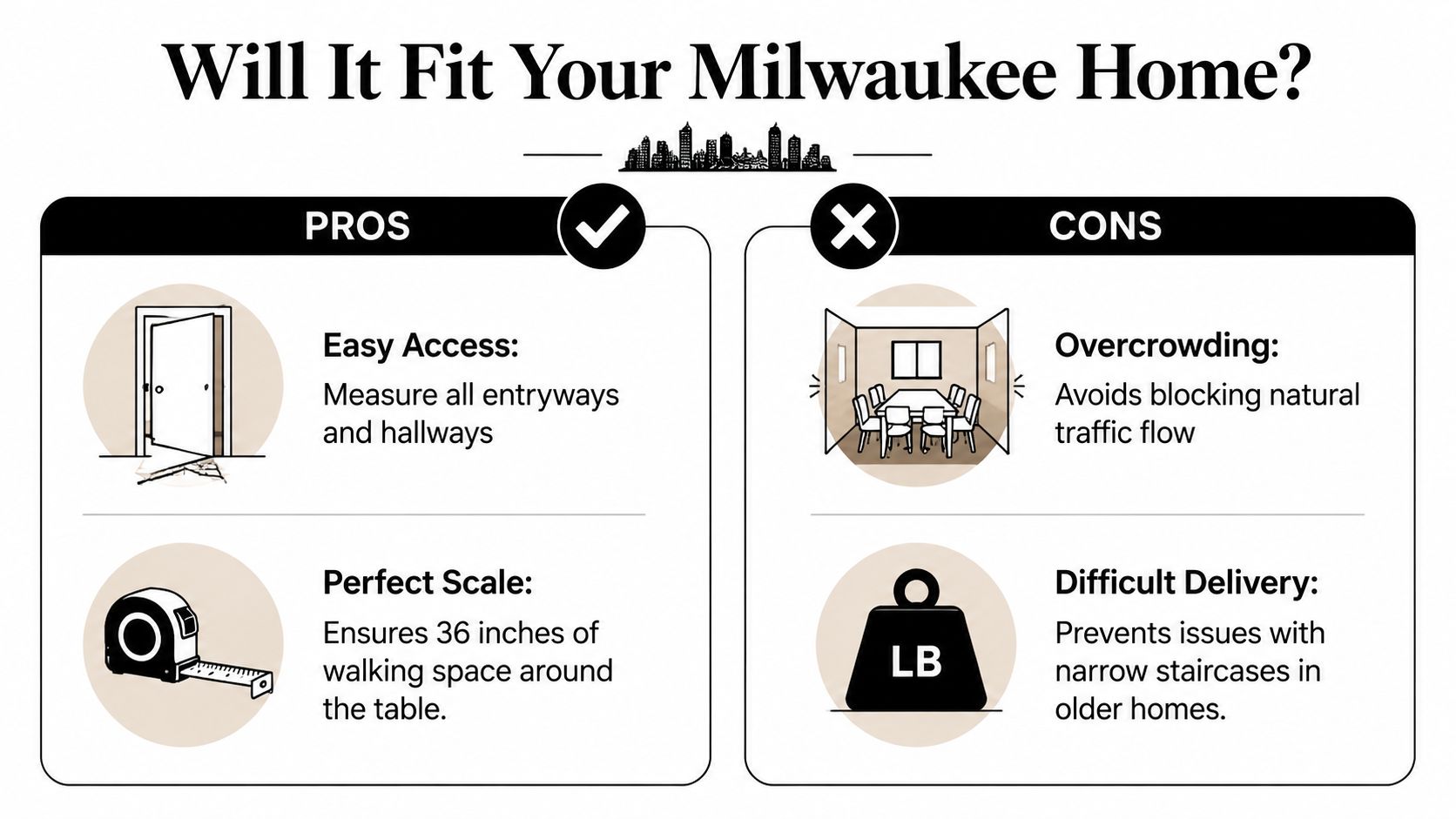 A helpful infographic showing considerations for measuring space for a new dining table in Milwaukee homes.
