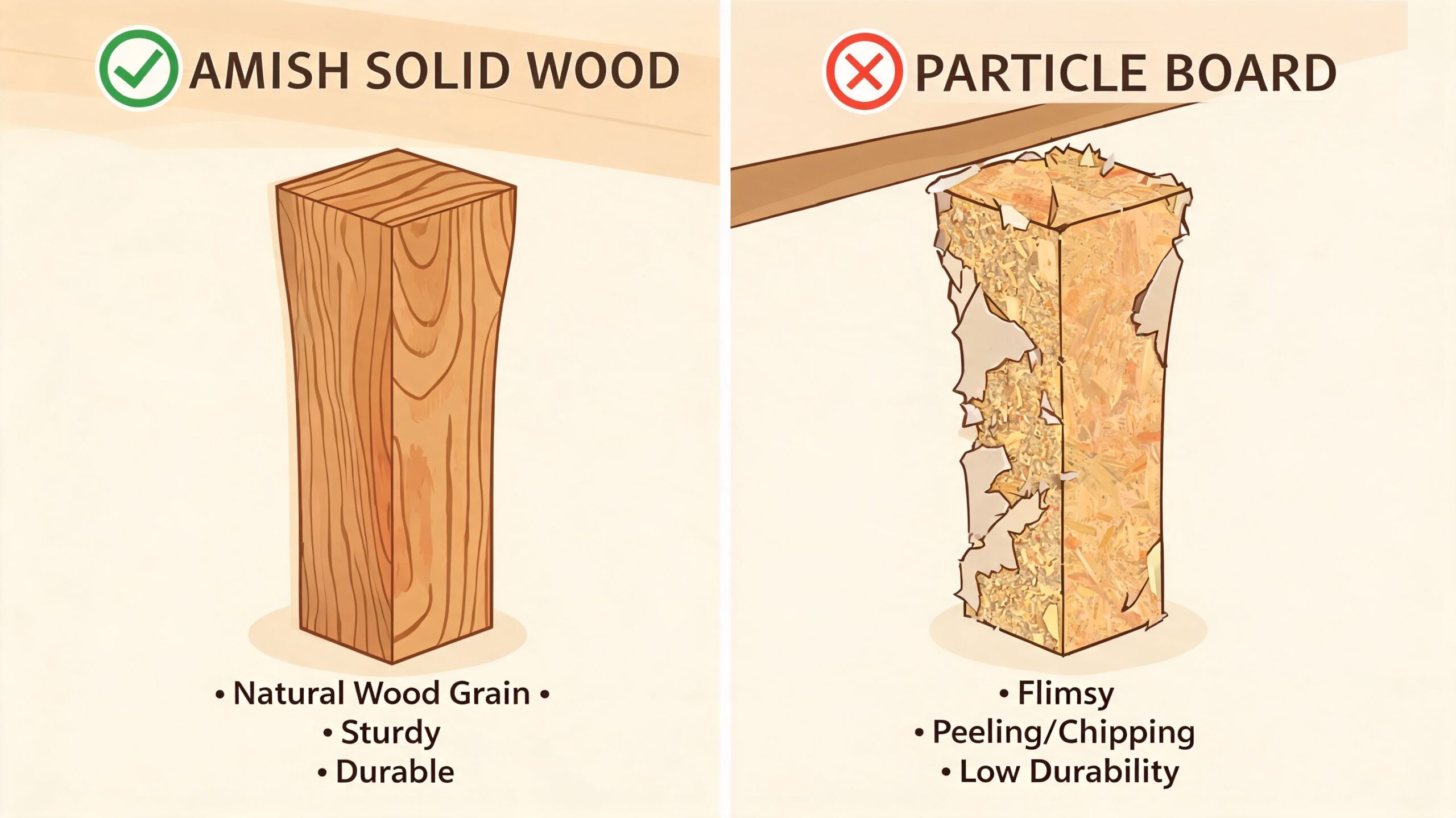 A comparison illustration between sturdy Amish solid wood and flimsy, peeling particle board furniture construction materials.
