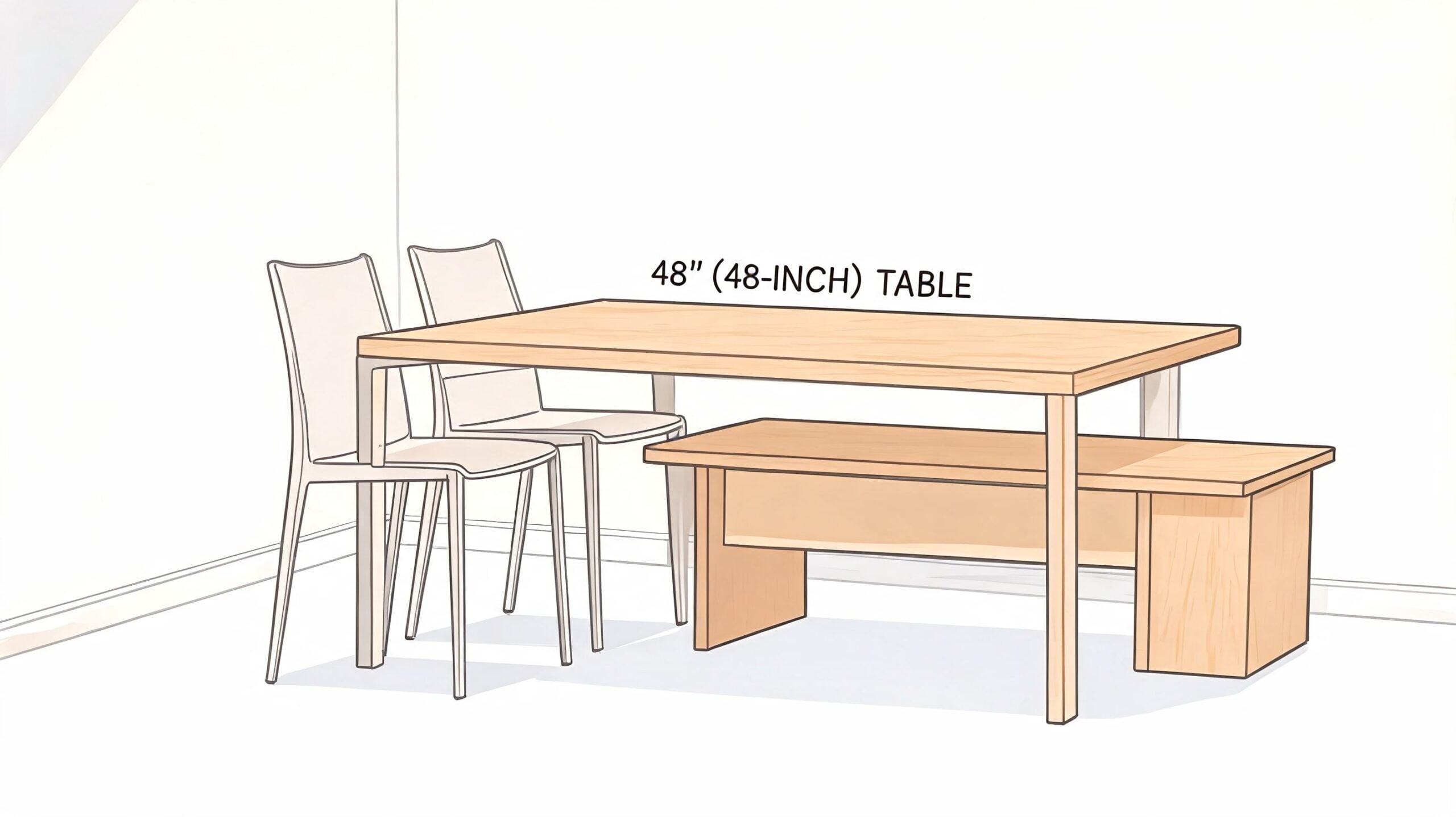A modern 48-inch rectangular wooden dining table with two chairs and a matching bench.