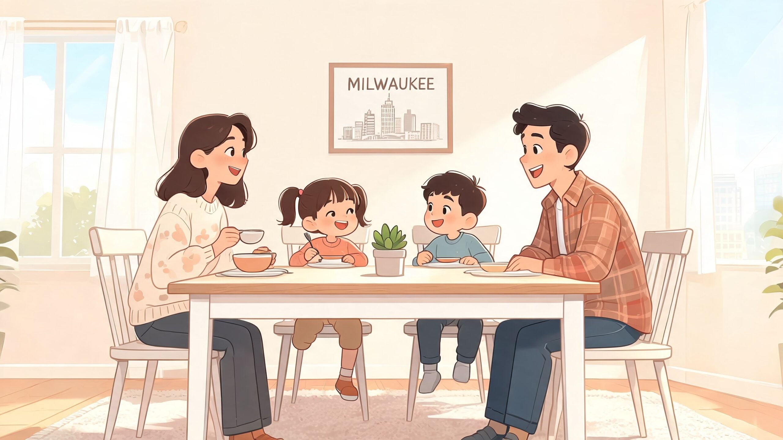 A happy family of four sitting around a 48 inch rectangular dining table enjoying a meal together.