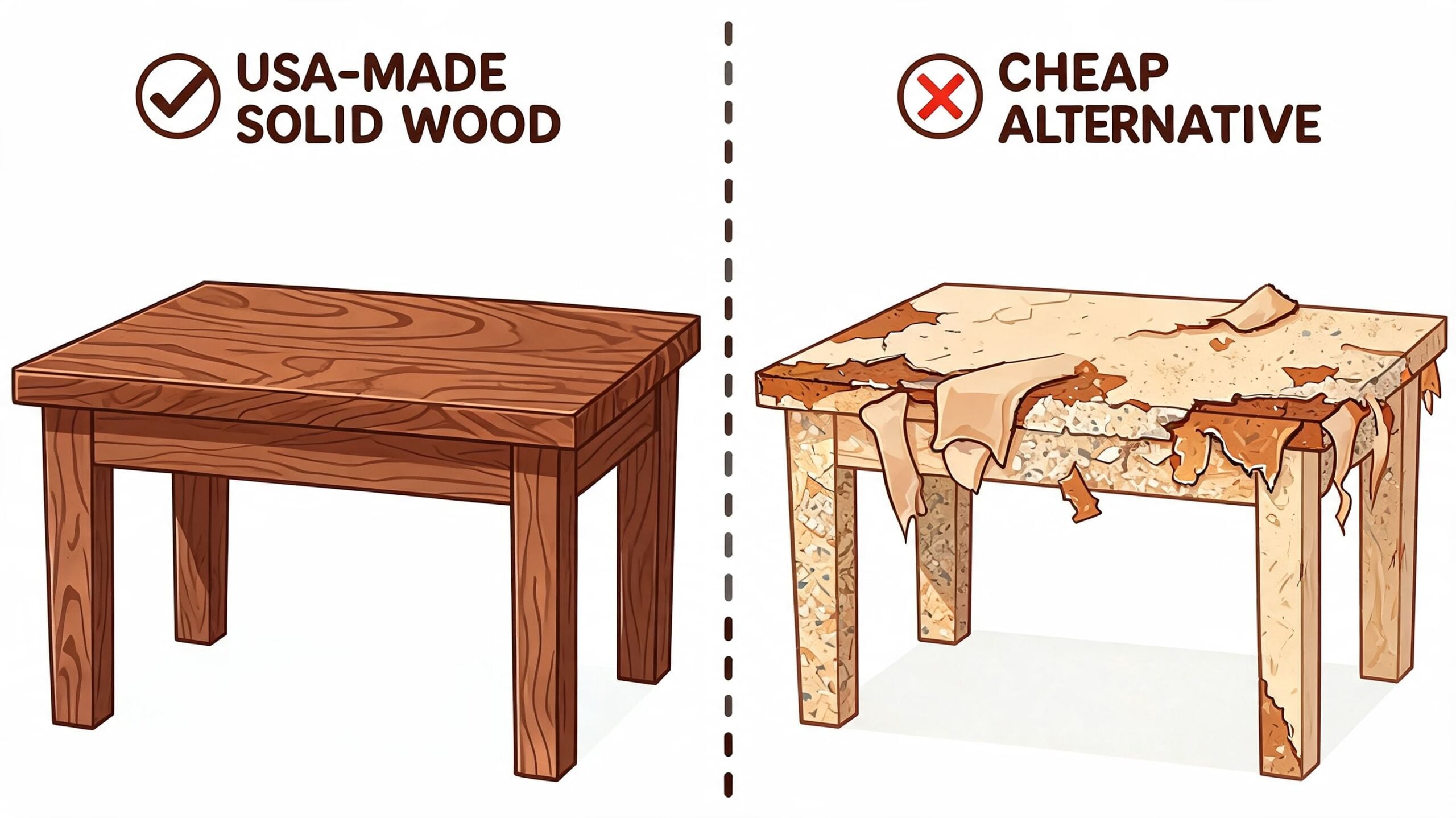 A comparison illustration showing a durable USA-made solid wood table versus a peeling, low-quality particle board table.