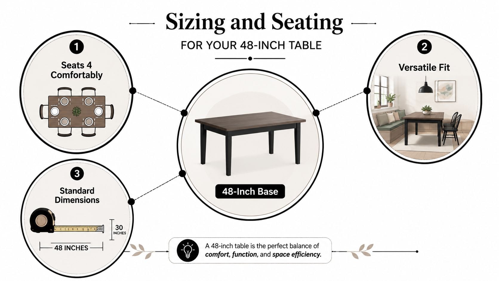 A diagram illustrating the dimensions and seating capacity of a 48-inch rectangular dining table for home use.