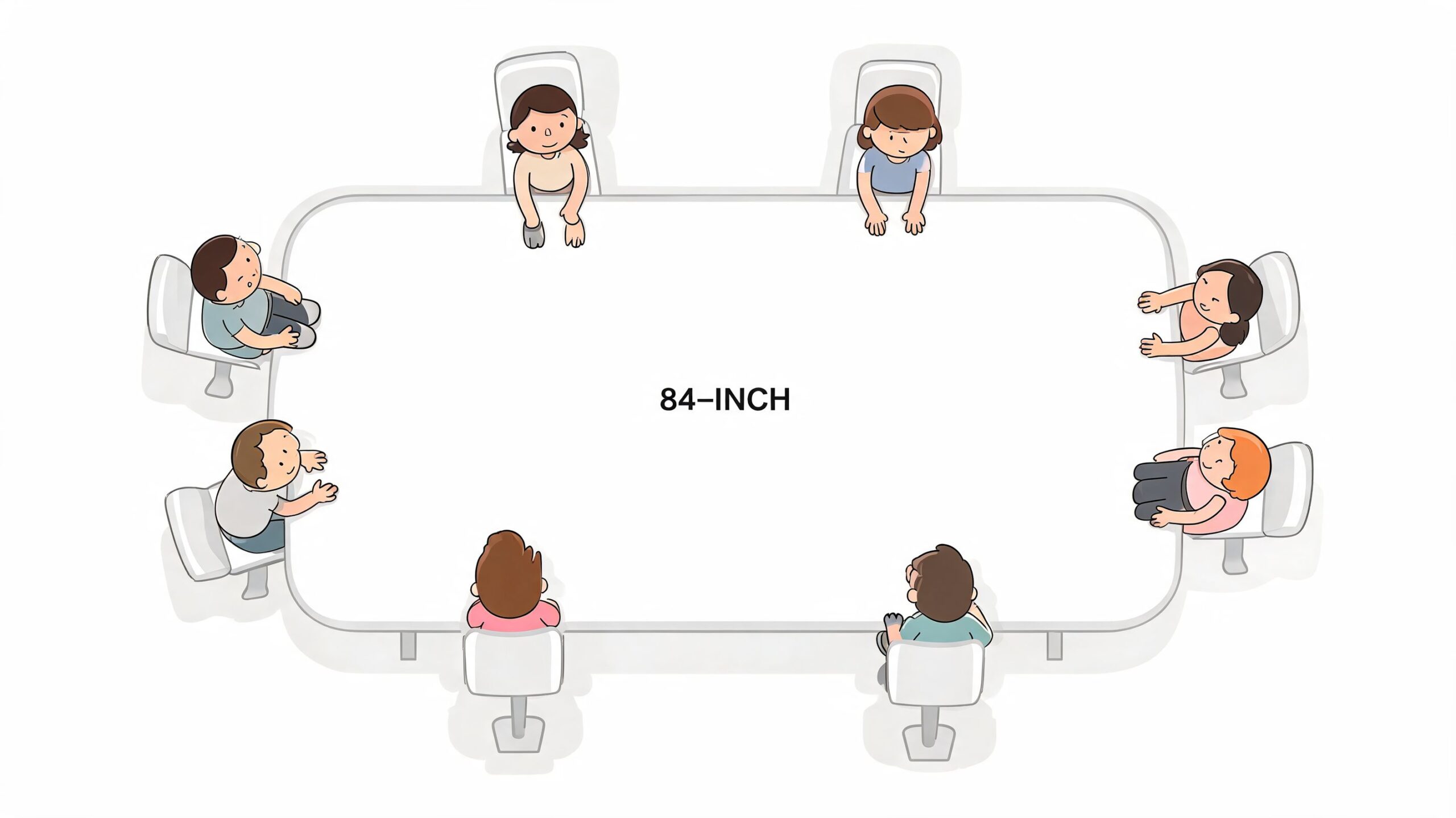 A top-down view of eight people seated around a large rectangular 84-inch dining conference table.
