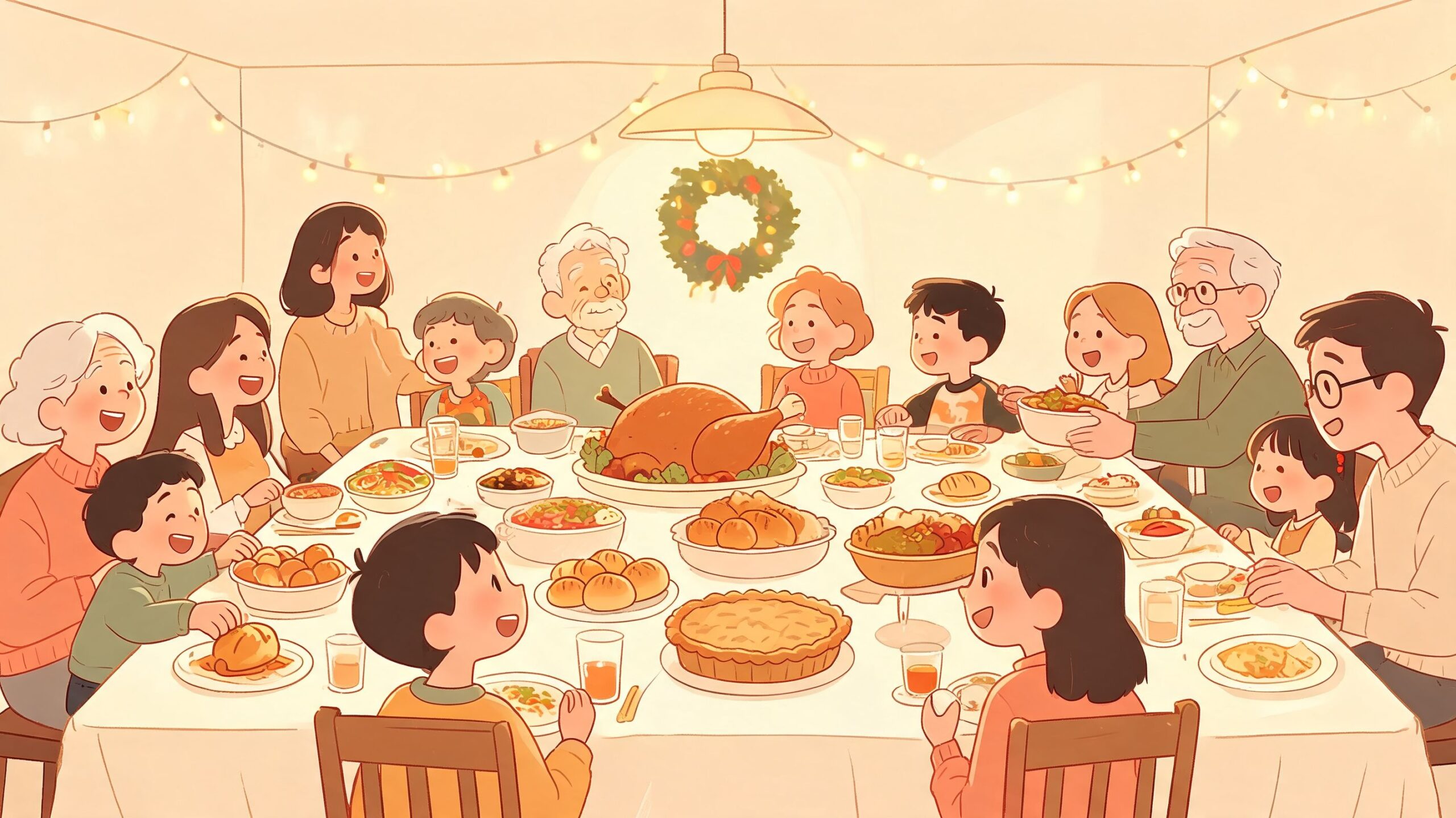 A large multi-generational family happily sitting around a dining table enjoying a festive Thanksgiving dinner together.