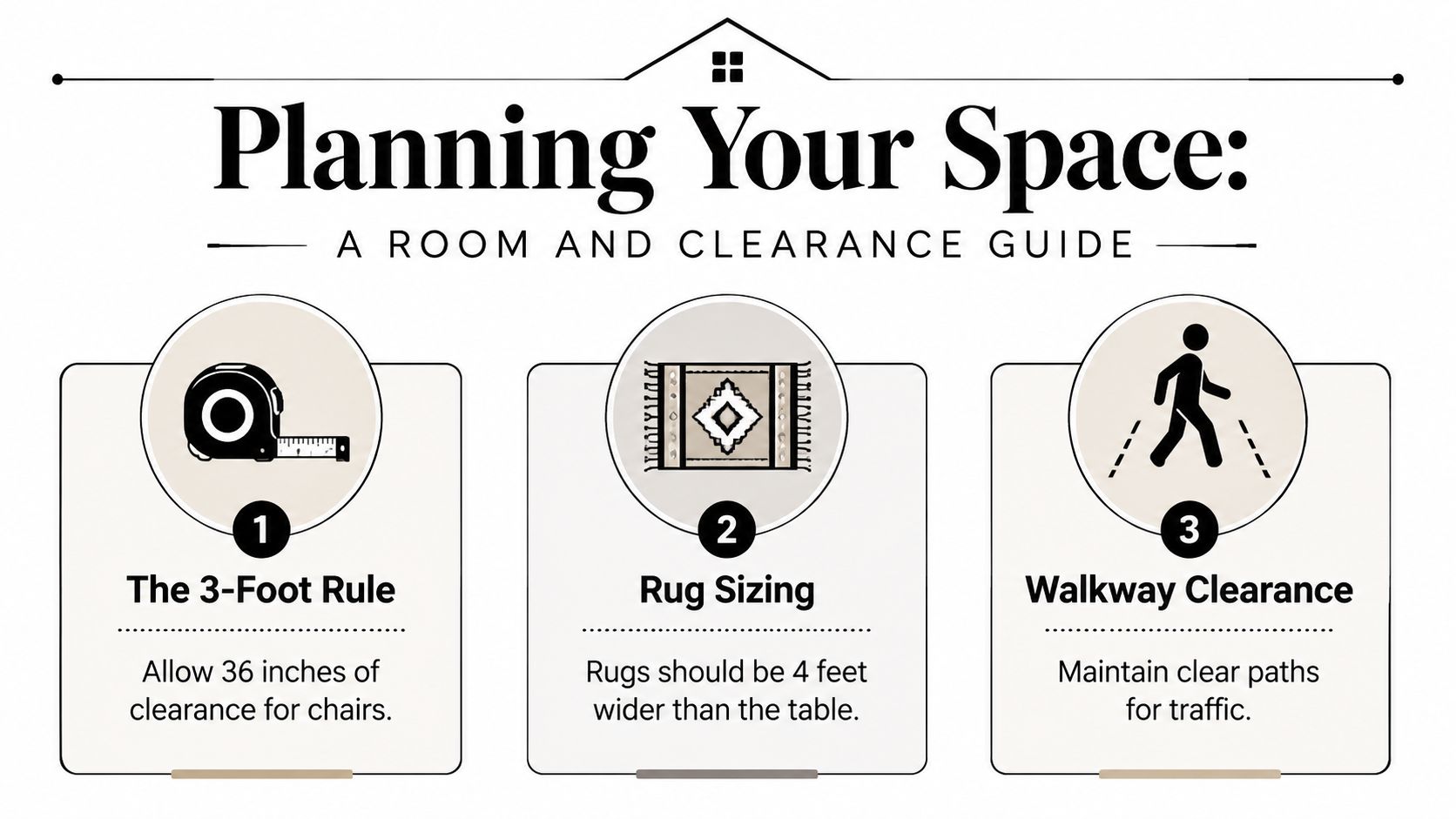 A room and clearance guide infographic showing furniture placement rules for chairs, rugs, and room traffic flow.
