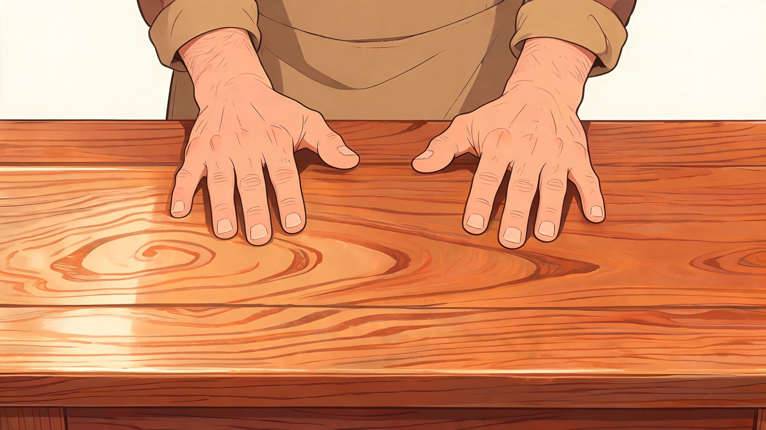 A close-up view of a person's hands resting on a polished wooden dining table surface.