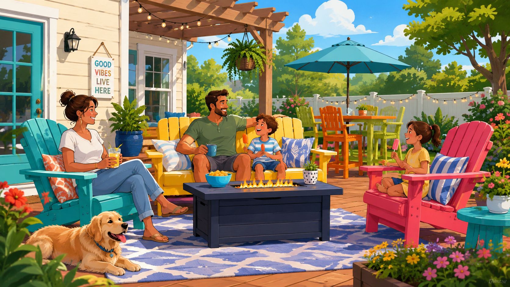 A happy family relaxing on colorful amish made poly furniture on a sunny backyard patio.