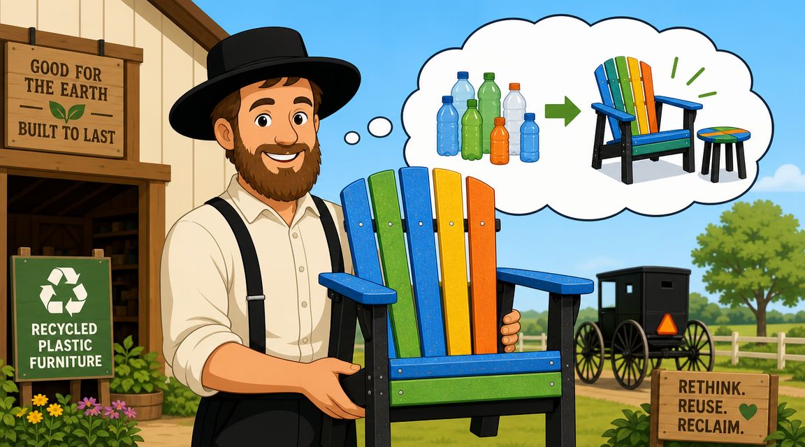 A friendly Amish craftsman holding a colorful recycled plastic Adirondack chair next to his outdoor workshop.