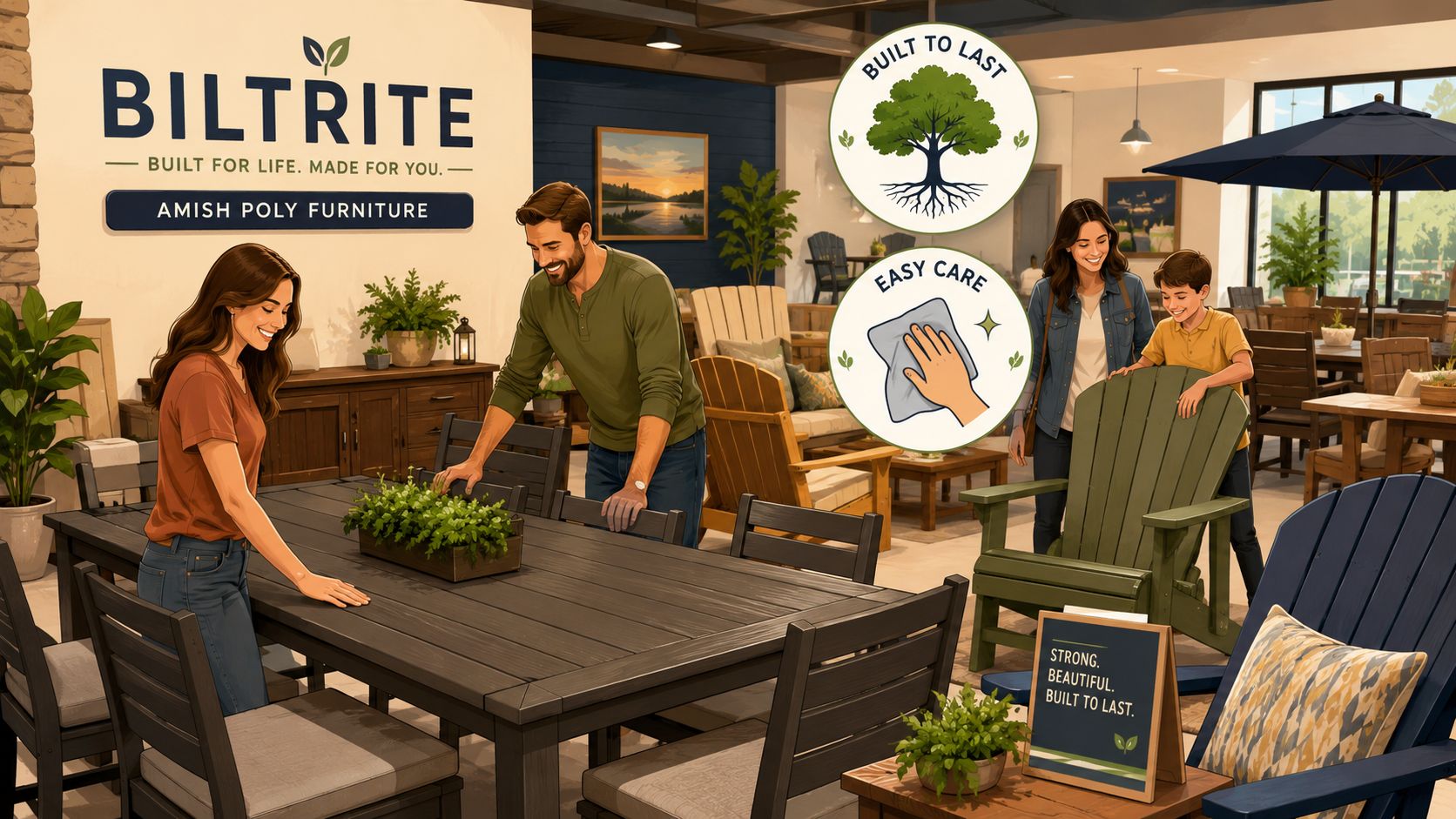 A family shopping for durable and easy-care Amish poly furniture in a well-lit home goods store showroom.