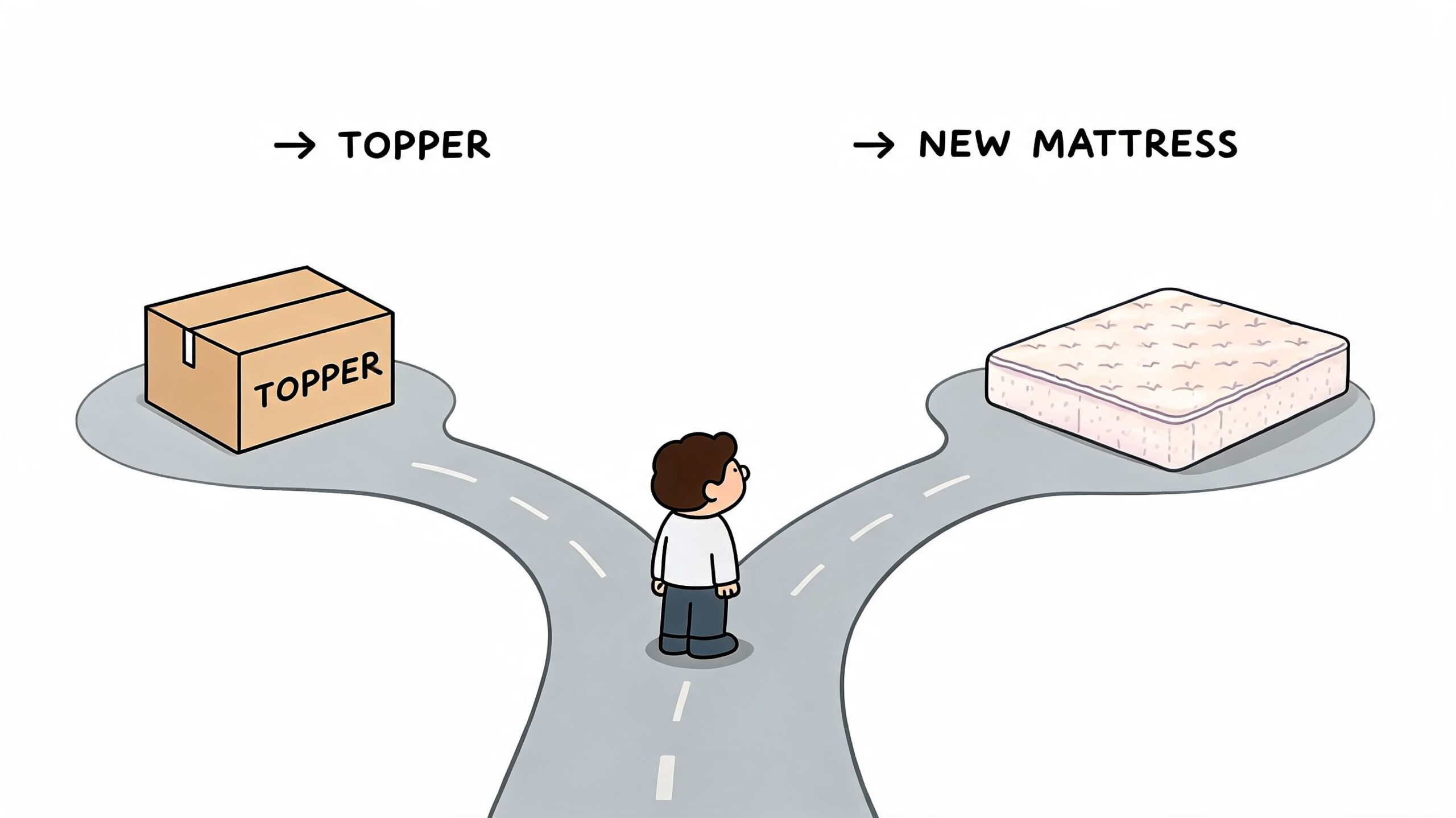 A cartoon illustration showing a person standing at a fork in the road deciding between a mattress topper and a new mattress.