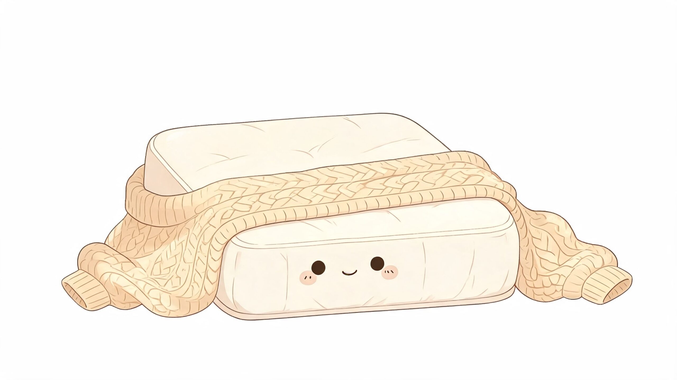 A cute cartoon mattress topper wrapped in a cozy beige cable knit sweater against a white background.