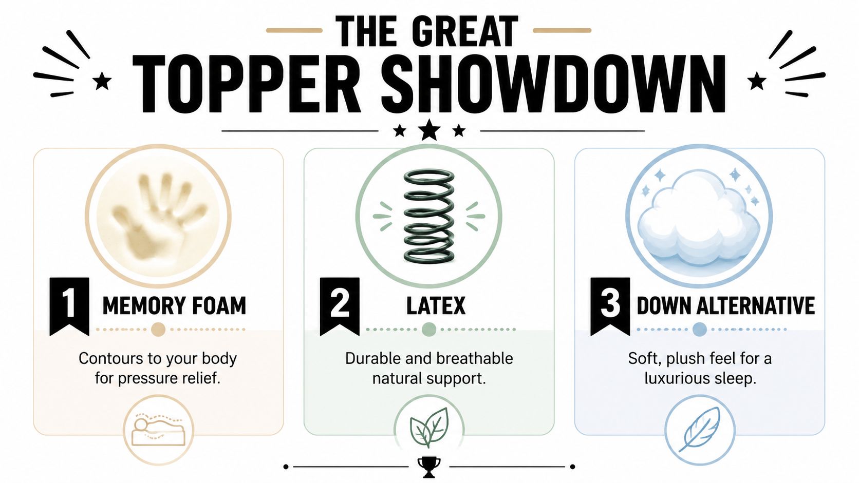 An infographic comparing three types of mattress toppers: memory foam, latex, and down alternative materials.