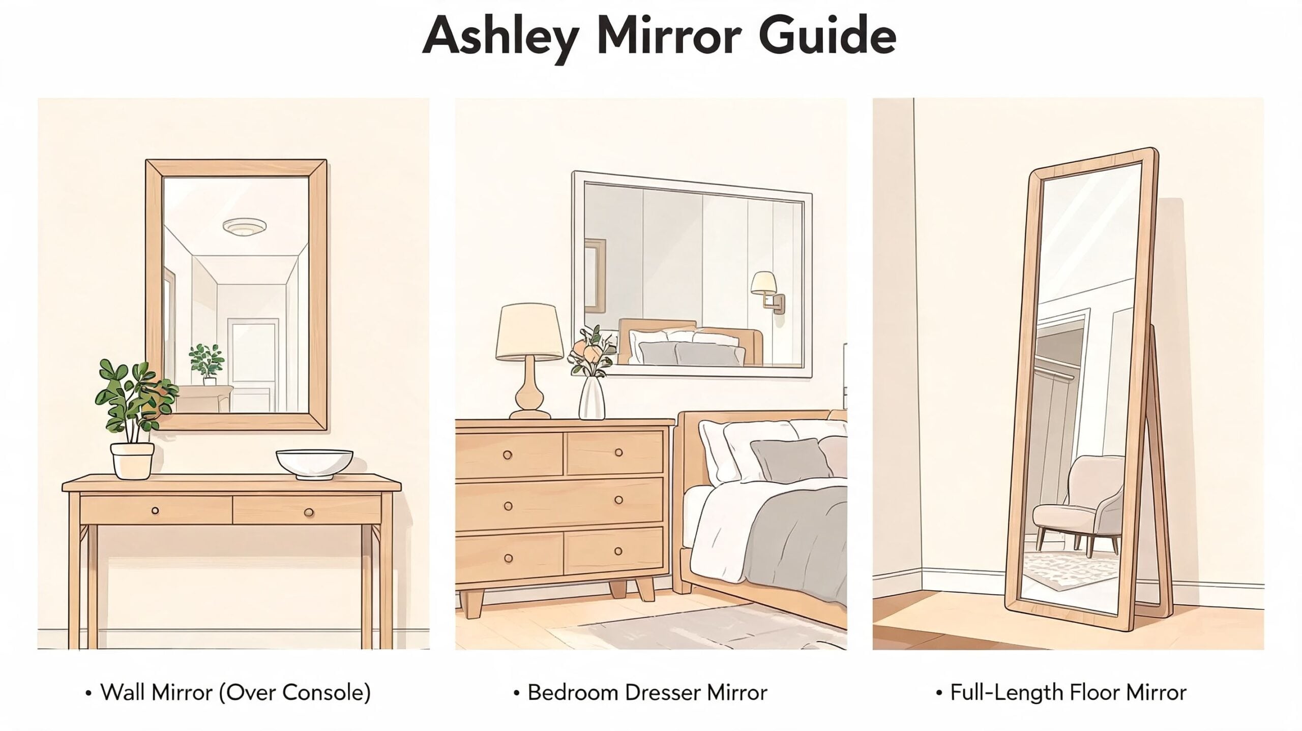 A guide illustrating three types of mirrors from Ashley Furniture: wall, dresser, and full-length floor mirrors.